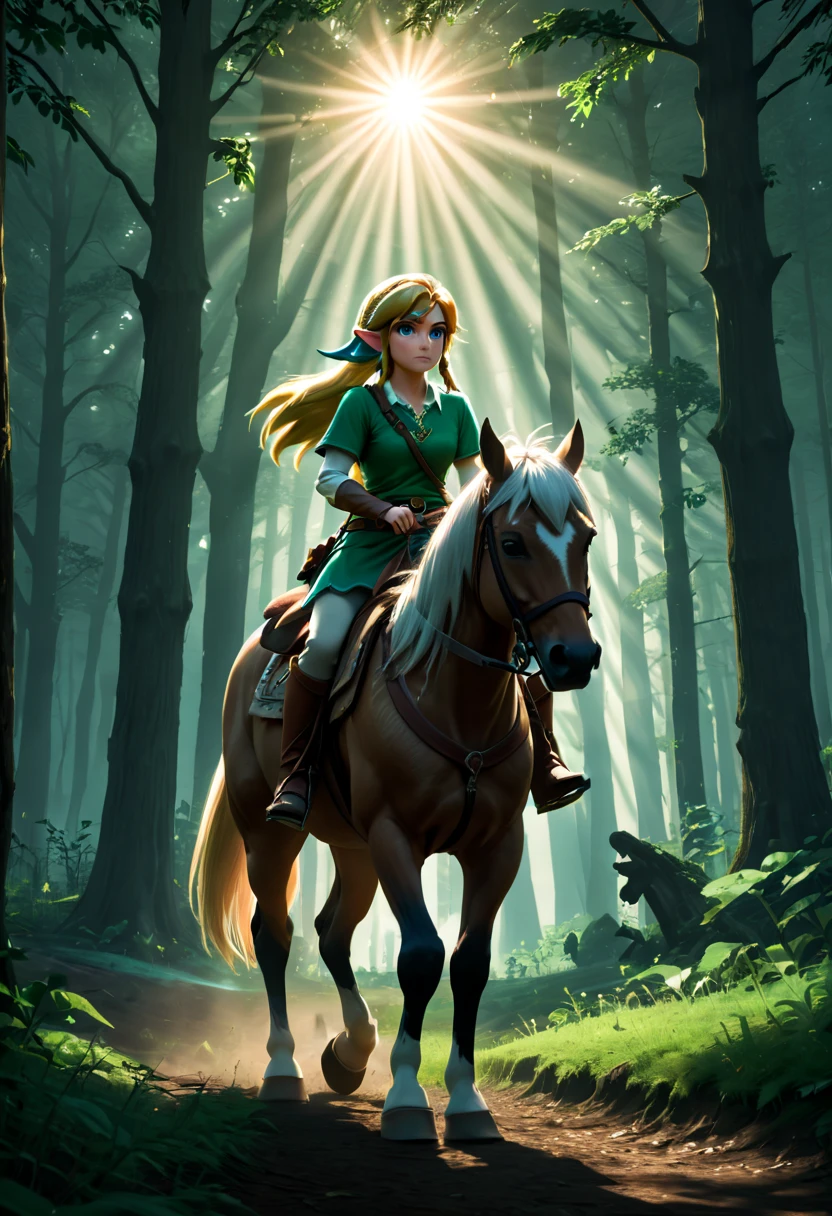 A femenine version of link from tloz riding epona, riding a horse, (epic scene, cinematic:1.2), sunbeams, in a dark woods, lost woods, temple of the forest