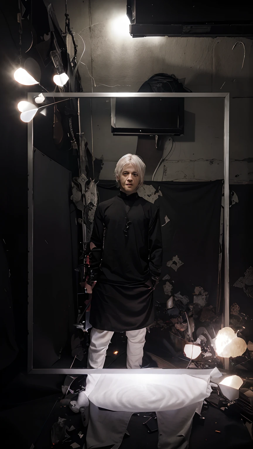 white hair, demonic, demon lord, boy, 8k resolution, explosion demonic blackground, scary background, black t shirt, white pants, dark aura, sword