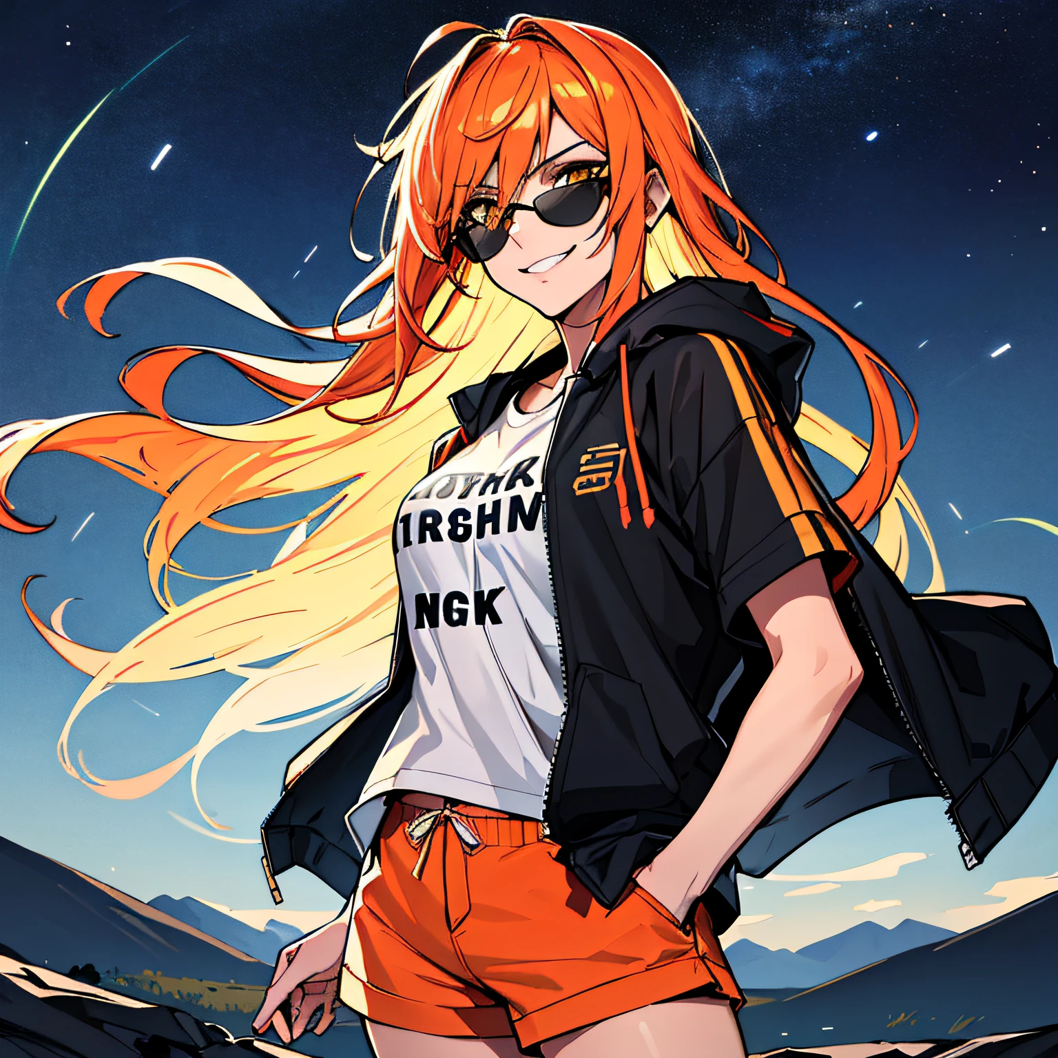 (absurdres, 8k, 4k, masterpiece, hyper extreme detailed:1.2), solo, 1girl, front view portrait, best quality, expressive eyes, perfect face, 1girl, portrait, solo, Female, mature female, adult, red hair, orange gradients, hair covering eye, medium hair, cool, confident, white shorts, wild hair, messy hair, night time, cowboy shot, half body, perfect anatomy, flowing hair, windy hair, wind, fearless, cool, badass, shirt, rugged, golden eyes, starry night sky, stars, night, smirk, badass, heroic, black graphic t-shirt, white jacket, hands in pockets, sunglasses, smirk,
