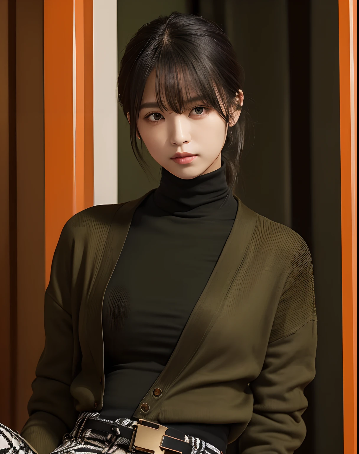 (high-gauge (tight-fitting:1.1) (black:1.3) turtleneck:1.1), (tuck in:1.3), (orange cardigan:1.2), (checkered (dark olive green) tapered pants:1.3), dark brown belts, gold necklace, (dark brown:1.1) lowfer