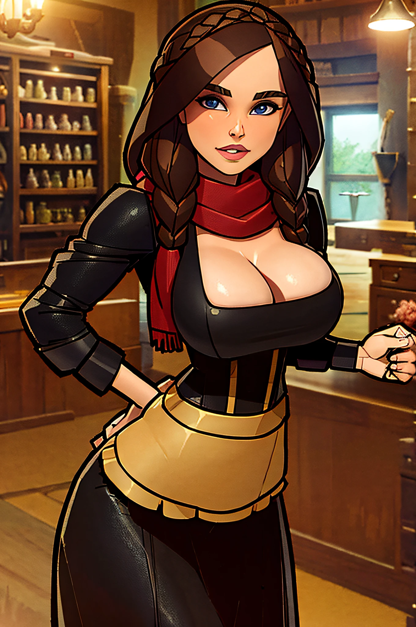 braided Brunette hair, busty, leather apron, scarf, merchant