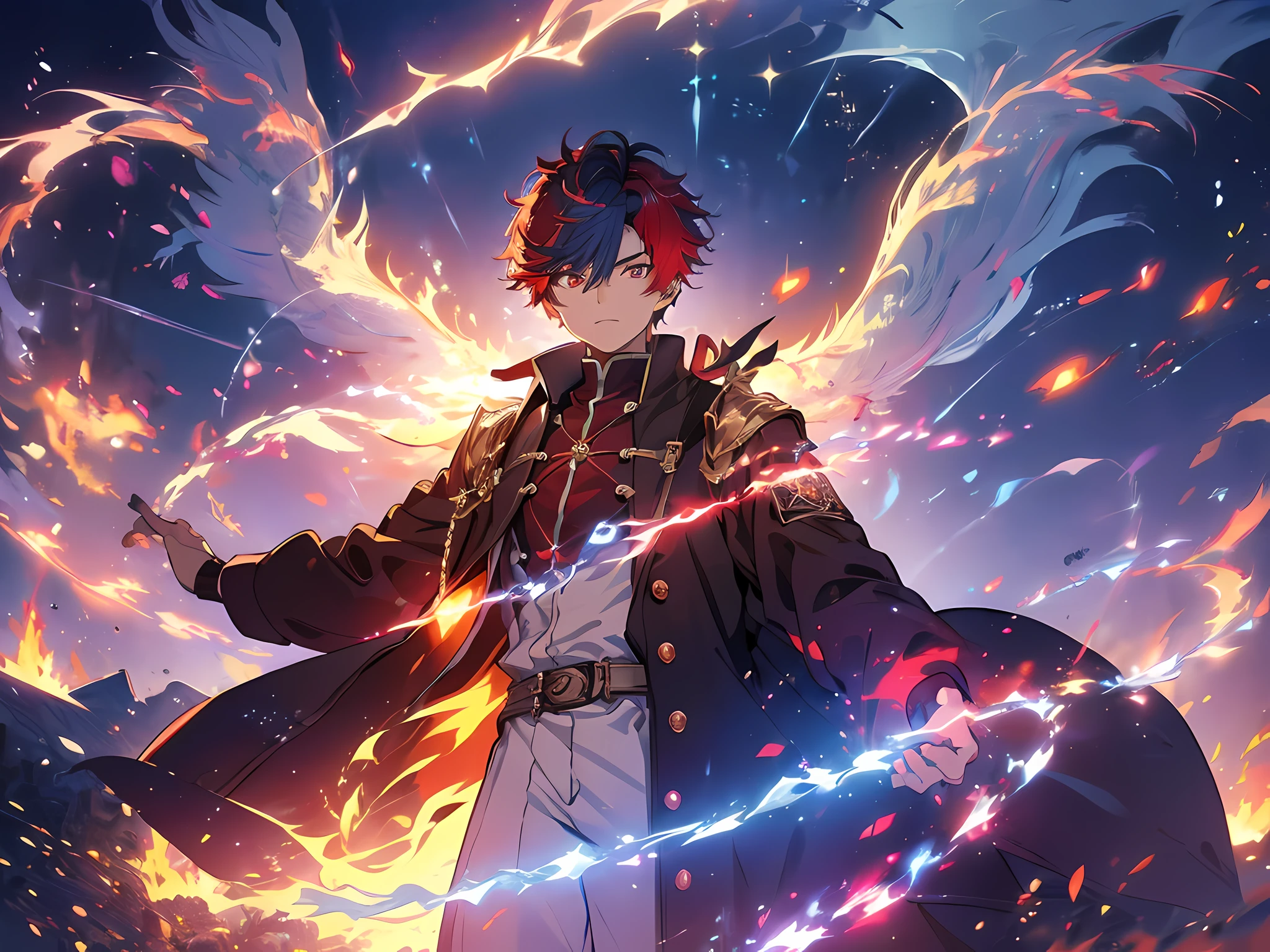 (ultra-detailed, perfect pixel, highres, best quality, beautiful eyes finely detailed), 19 years old boy, have power like demon god in manhwa, full of demonic aura, angry facial expression, red eye color (glowing red eyes), blue hair (half of his hair covered with blue flame), with aristocrat style outfit, elegant, detective, realistic fire, the background is full of magical particles and realistic blue fire. lens flare, glowing light, reflection light, motion blur, 8k, super detail, ccurate, best quality, Ray tracing.