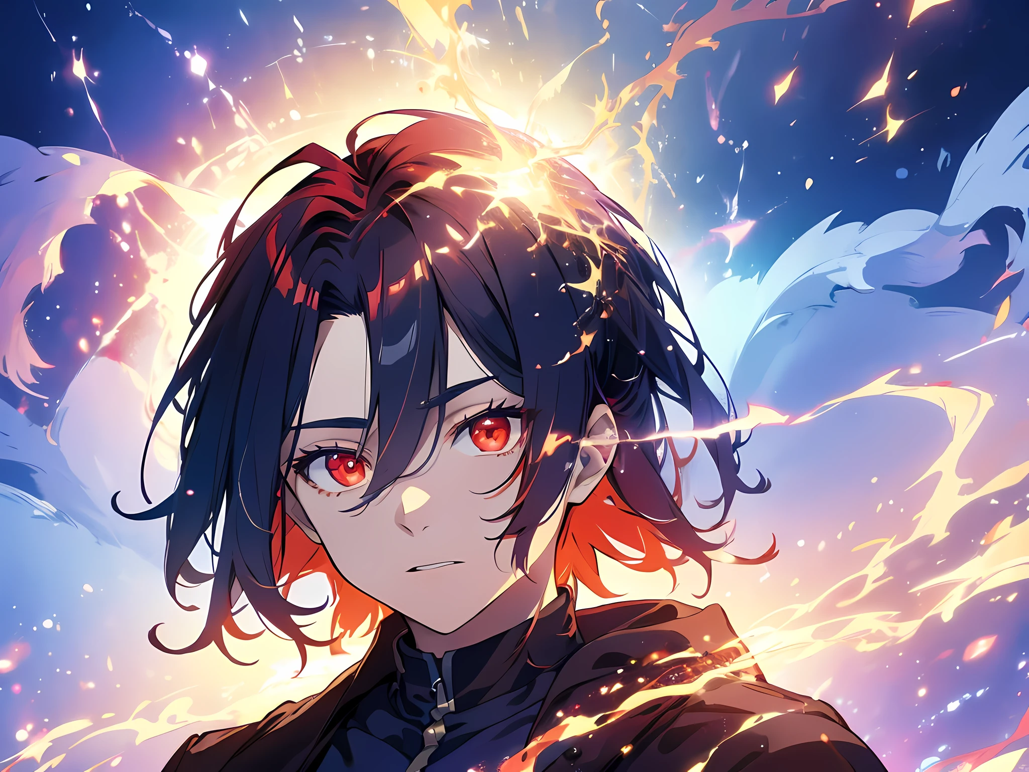 (ultra-detailed, perfect pixel, highres, best quality, beautiful eyes finely detailed), 19 years old boy, have power like demon god in manhwa, full of demonic aura, angry facial expression, red eye color (glowing red eyes), blue hair (half of his hair covered with blue flame), with aristocrat style outfit, elegant, detective, realistic fire, the background is full of magical particles and realistic blue fire. lens flare, glowing light, reflection light, motion blur, 8k, super detail, ccurate, best quality, Ray tracing.