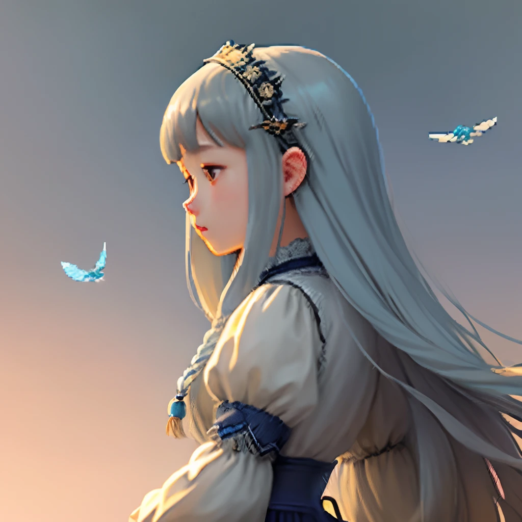 Pale light blue antique dress、Girl with long hair of dull blue-brown color、Blunt bangs、profile、Pixel art、Pixel Art Illustration、pixels、Plain background、Upper body、For icons、pixels_Art Book,Composition centered on the face、Straight face、Gothic headdress、pixels、Game-style illustration、Pixel art、pixels、Light shading、Fluttering hair、Back hair fluttering in the wind