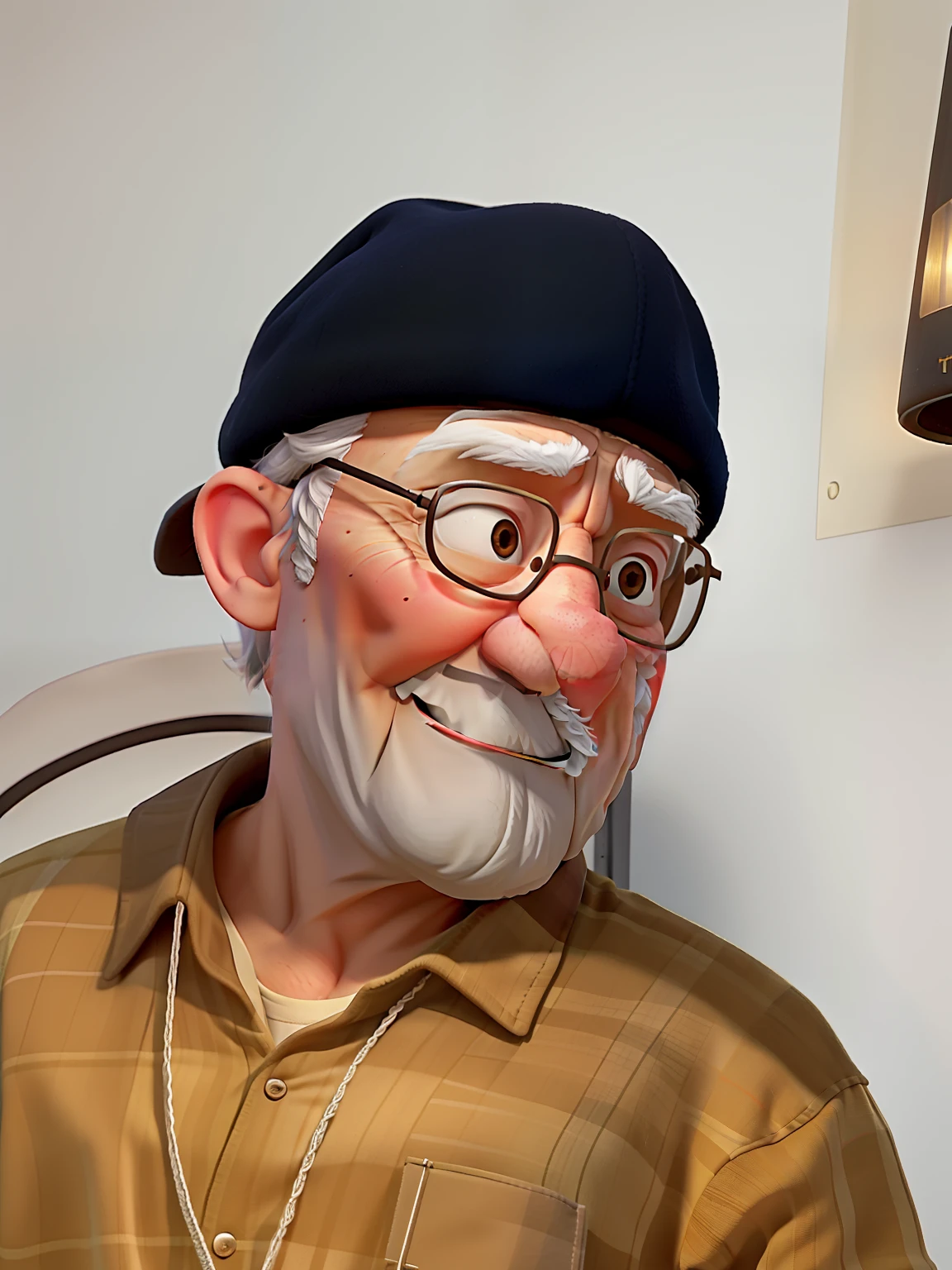 A wise old man standing in front, illuminated by the light of a lamp, against the backdrop of a library