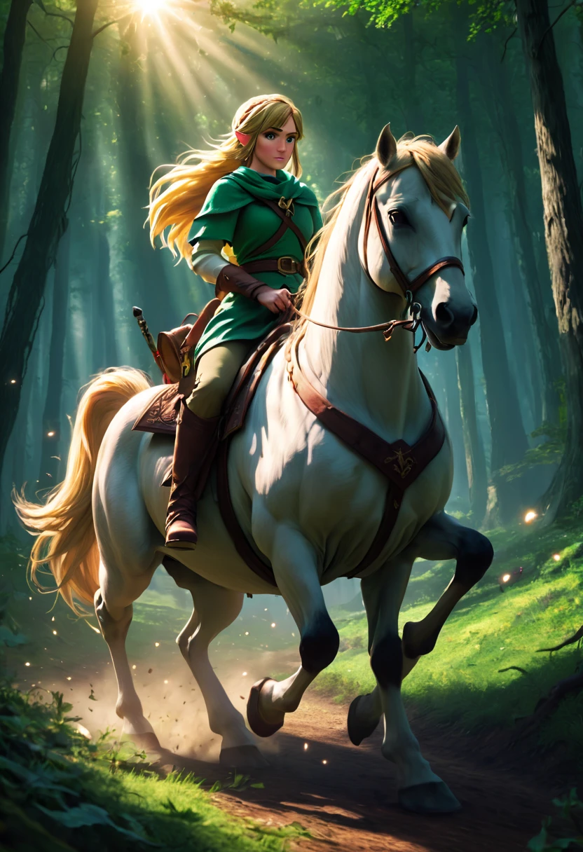 A femenine version of link from tloz riding epona, riding a horse, (epic scene, cinematic:1.2), sunbeams, in a dark woods, lost woods, temple of the forest