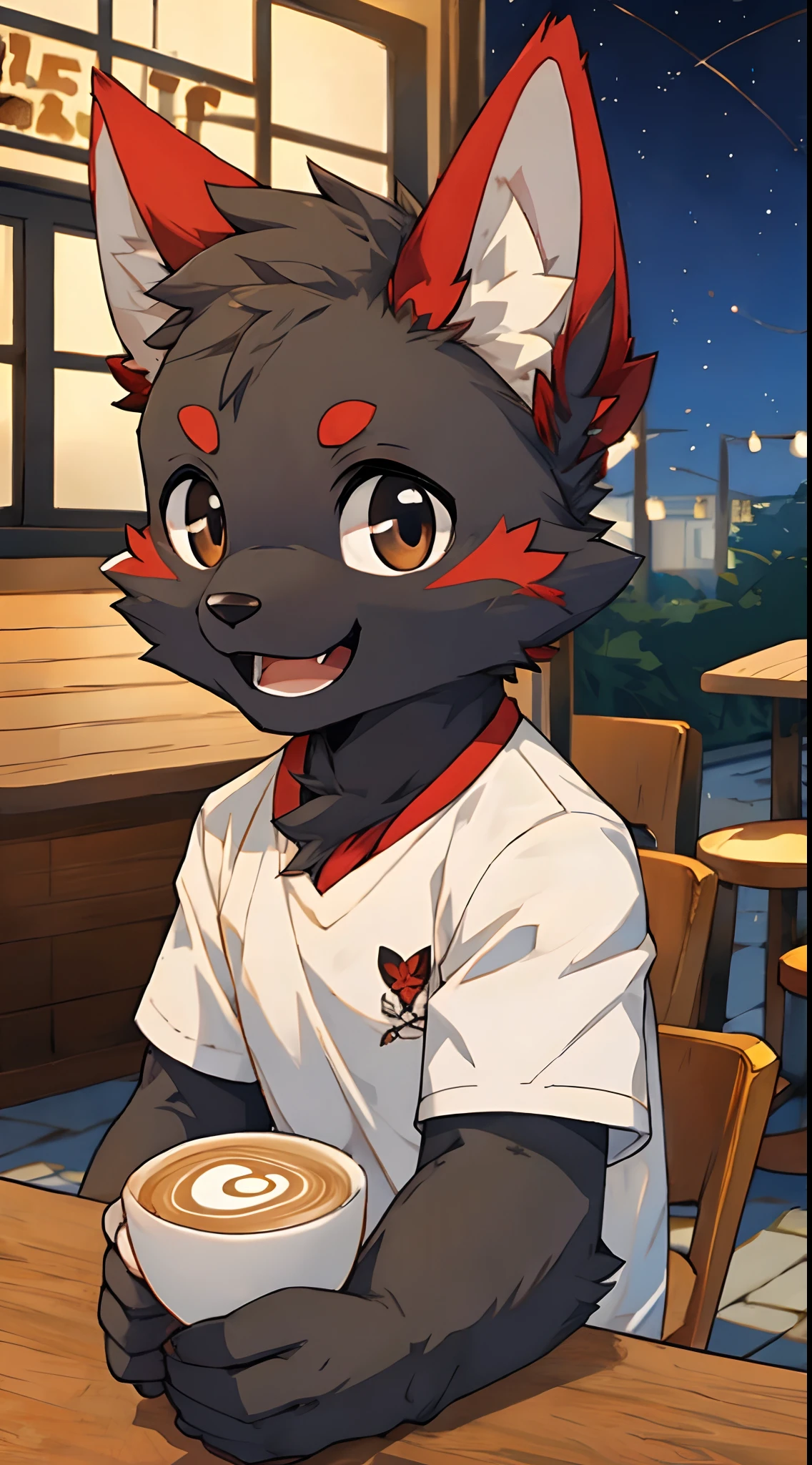 furry,fur,body fur,solo,male,(A happy expression),((cafe shop at night)),short sleeves,character focus,face focus,white shirt, black fur,red ears,black eyes,BREAK,aoeu
