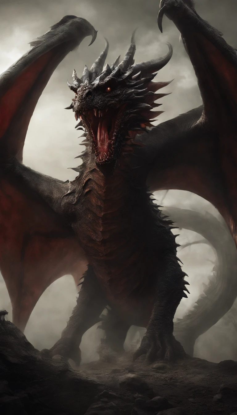 A regal portrait of Aegon the Conqueror sitting proudly on Balerion the Black Dread, with the dragon's enormous head and fiery eyes towering above him.,A Song of Ice and Fire,the largest dragon to have ever lived. black scales with red and black dragonfire