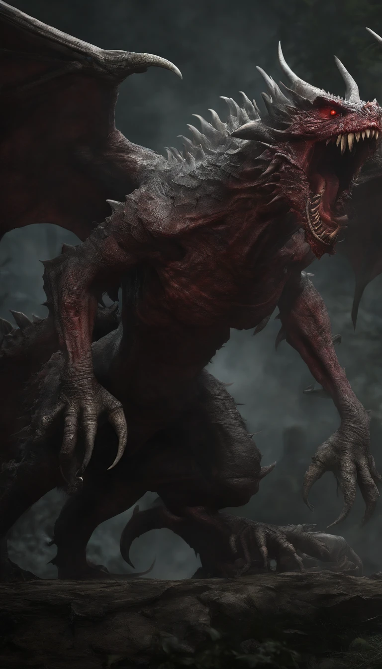 Draw a demonic creature with a strong, bloody face and bloody head, A huge dragon,There are a pair of huge dragon wings growing on their backs,Science fiction horror art, sci-fi horror artwork, inspired by Aleksi Briclot, Fangs of the slaughter, horror fantasy art, Alexis Bricklot(Alexis Bricklot), horror concept art, veneno, Fantasy and horror art, Detailed illustration of 4K horror, demonic creature, dark fantasy horror art