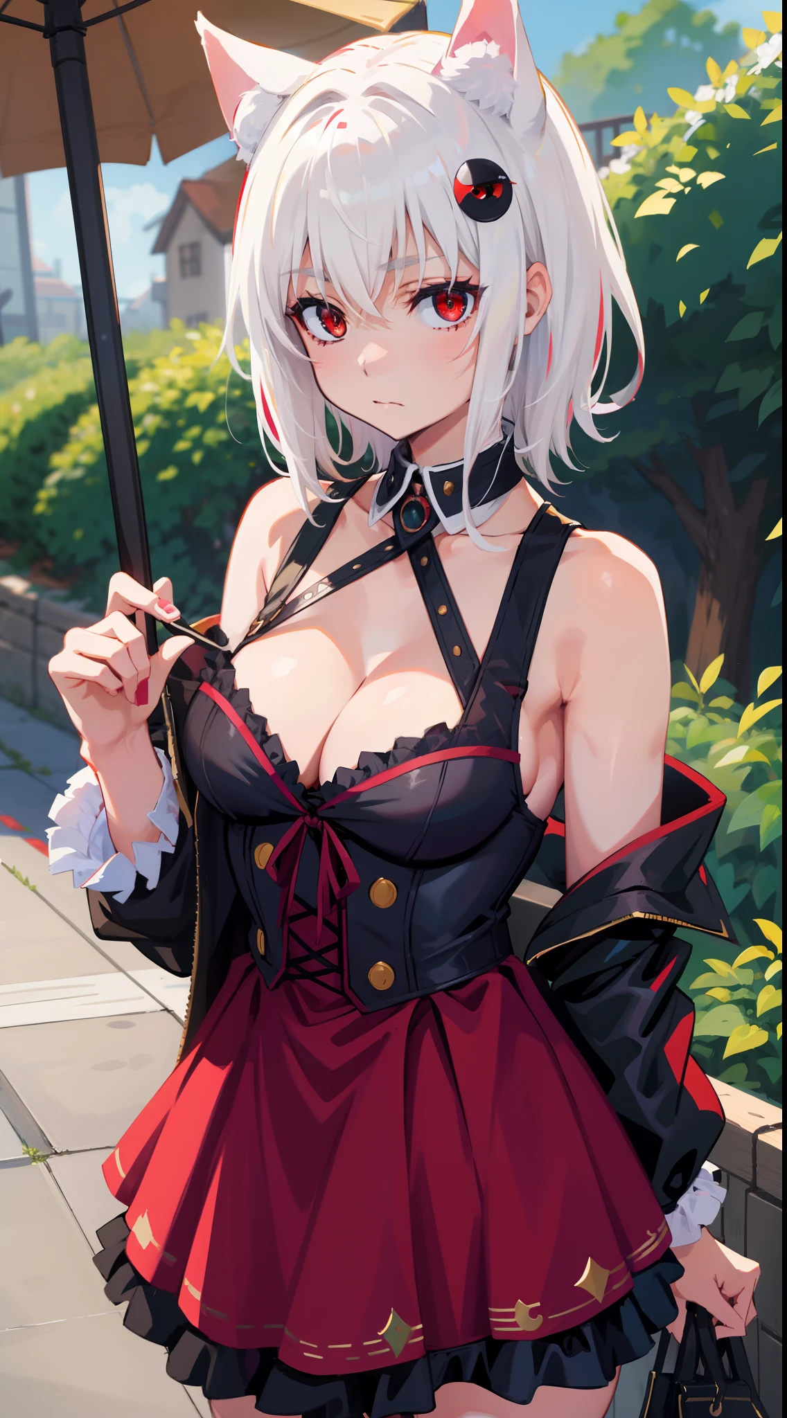 Best Quality, (Masterpiece:1.2), High Detailed, Cat Ears, 1girl, solo, tojo koneko, red eyes, white hair, short hair, hair decoration, cleavage, black neckband, erotica, sleeveless, close-up, healthy skin, cowboy shot, outdoor.