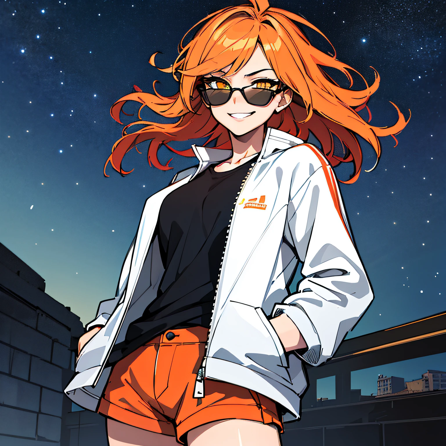 (absurdres, 8k, 4k, masterpiece, hyper extreme detailed:1.2), solo, 1girl, front view portrait, best quality, expressive eyes, perfect face, 1girl, portrait, solo, Female, mature female, adult, red hair, orange gradients, hair covering eye, medium hair, cool, confident, white shorts, wild hair, messy hair, night time, cowboy shot, half body, perfect anatomy, flowing hair, windy hair, wind, fearless, cool, badass, shirt, rugged, golden eyes, starry night sky, stars, night, smirk, badass, heroic, black graphic t-shirt, white jacket, hands in pockets, sunglasses, smirk,