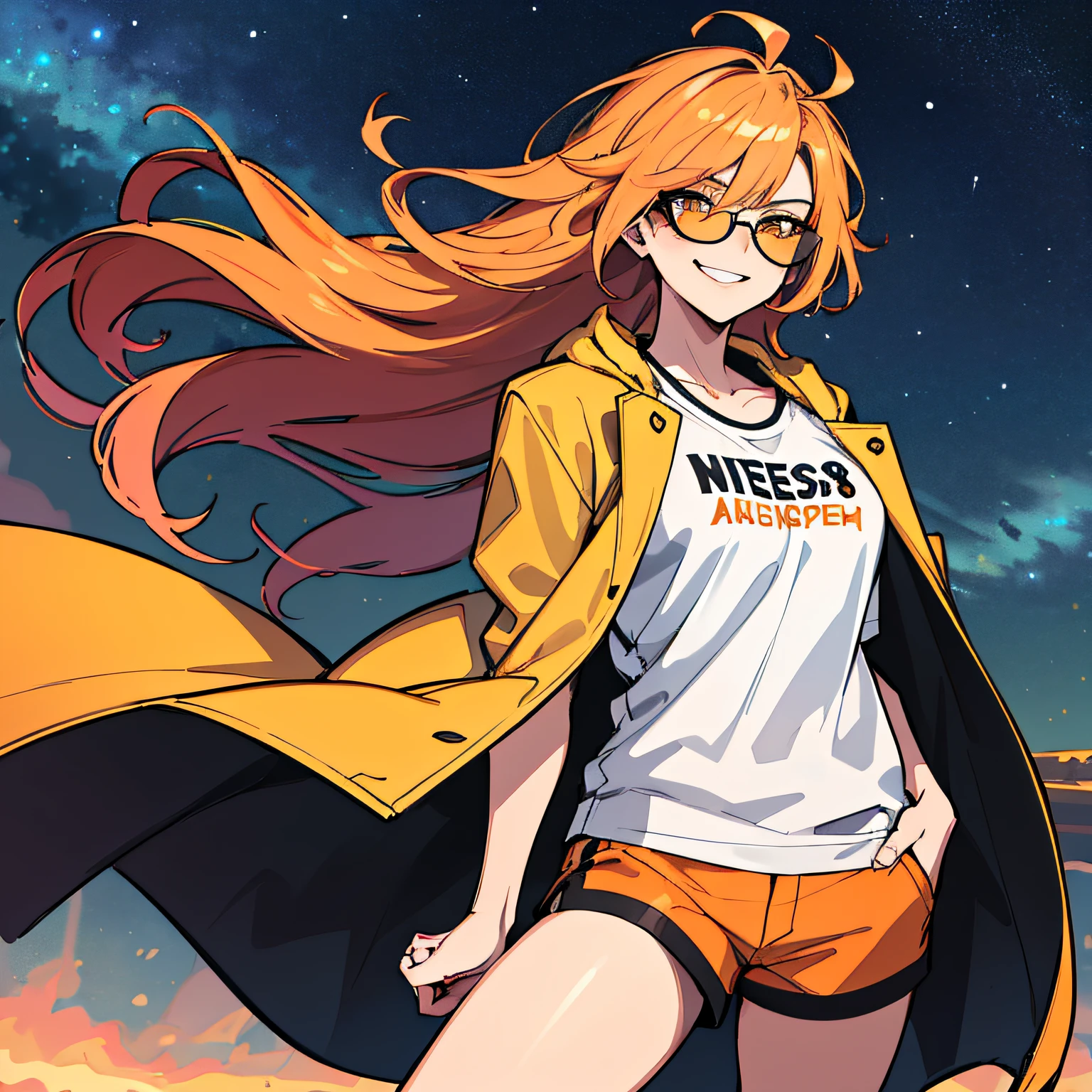 (absurdres, 8k, 4k, masterpiece, hyper extreme detailed:1.2), solo, 1girl, front view portrait, best quality, expressive eyes, perfect face, 1girl, portrait, solo, Female, mature female, adult, red hair, orange gradients, hair covering eye, medium hair, cool, confident, white shorts, wild hair, messy hair, night time, cowboy shot, half body, perfect anatomy, flowing hair, windy hair, wind, fearless, cool, badass, shirt, rugged, golden eyes, starry night sky, stars, night, smirk, badass, heroic, black graphic t-shirt, white jacket, hands in pockets, sunglasses, smirk,