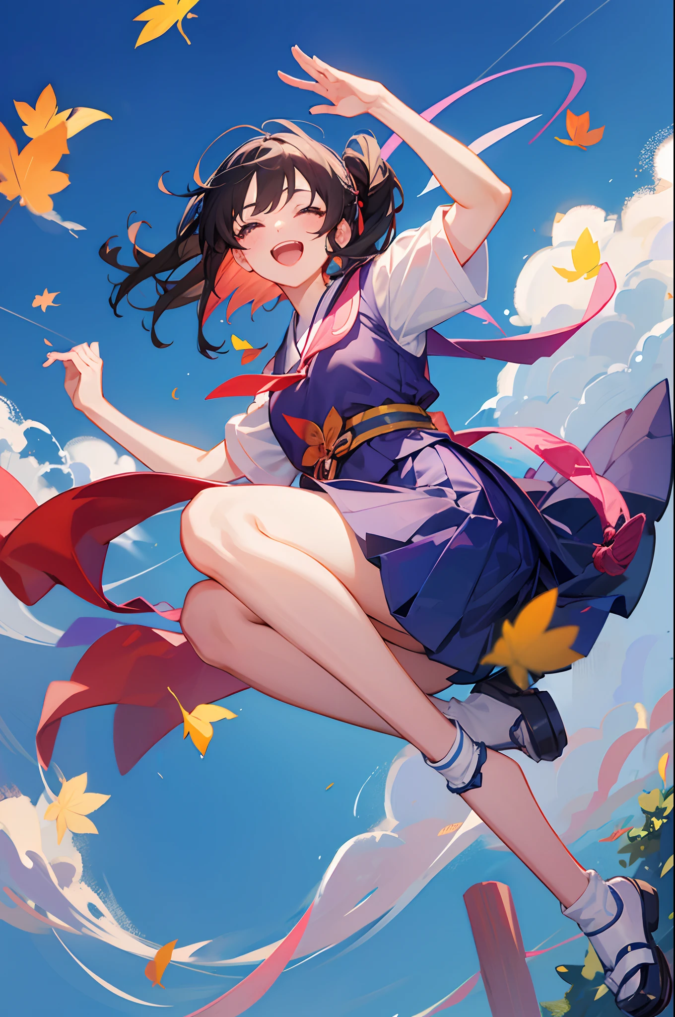 baiyun,Japanese JK school uniform,A girl who jumps into the sky and falls,fall,Laughing,eye closeds,Raise your hands upwards。