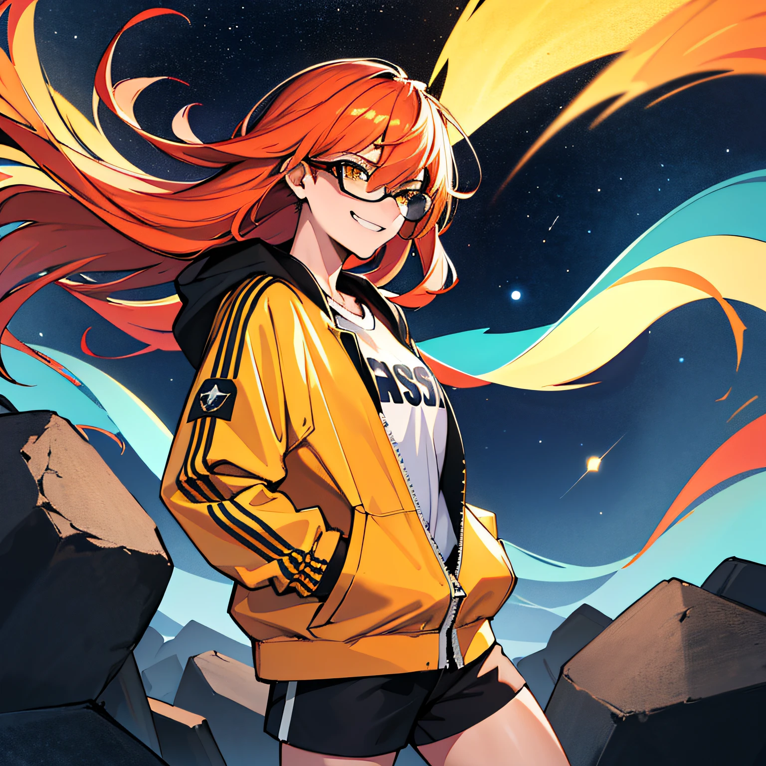 (absurdres, 8k, 4k, masterpiece, hyper extreme detailed:1.2), solo, 1girl, front view portrait, best quality, expressive eyes, perfect face, 1girl, portrait, solo, Female, mature female, adult, red hair, orange gradients, hair covering eye, medium hair, cool, confident, white shorts, wild hair, messy hair, night time, cowboy shot, half body, perfect anatomy, flowing hair, windy hair, wind, fearless, cool, badass, shirt, rugged, golden eyes, starry night sky, stars, night, smirk, badass, heroic, black graphic t-shirt, white jacket, hands in pockets, sunglasses, smirk,
