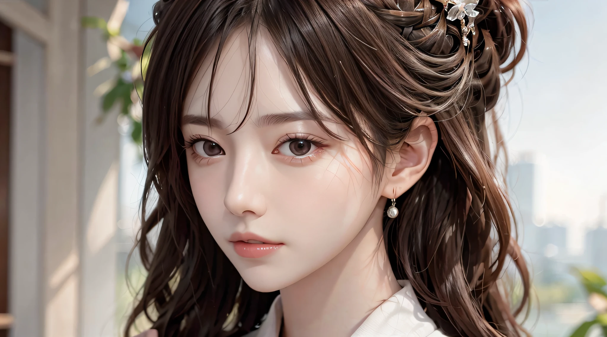 8K,RAW photos,best qualtiy,tmasterpiece,High-detail RAW color photos,profesional photo,(realisticlying,Photoreality:1.37),(highdetailskin:1.2),A high resolution,美丽细致的眼睛,(hardfocus:1.4),(Clear focus:1.4),realisticlying,(8K UHD:1.2),photorealistic High quality shadows,partedlips,Slender face,(Wavy hair),Half Up Top Knot,crown braid,Pink eye color,suggestive appearance,(Extreme Face Close-Up) , angle of view, (((depth of fields))), Pale and Lustrous Skin, Cropped draped collar sweater, 30-year-old , buruma, the roof, Background bokeh, lens flare glow, (Vignette:0.8), dramatic lights, Cinematic lighting, Contre-Jour,Professional lighting,physically-based renderingt,Urzang-6500-V1 version.1,PureErosFace_V1。The background is clear,The characters are clear