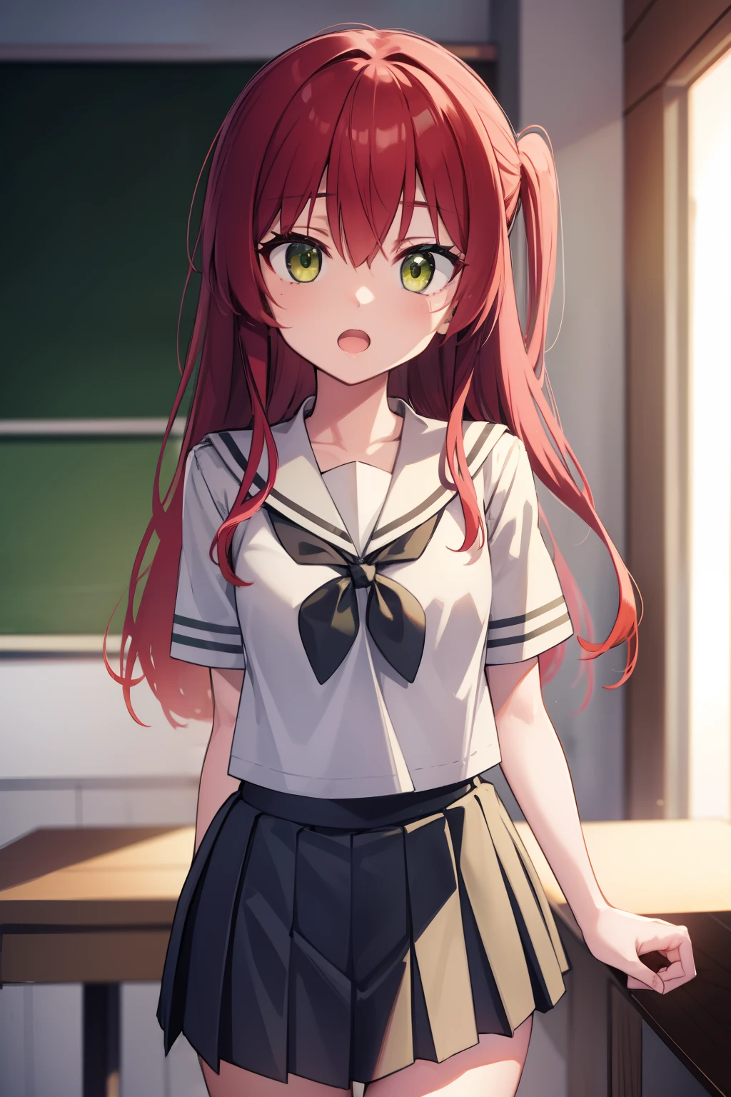 kitaikuyo, ikuyo kita, (green eyes:1.5), hair between eyes, long hair, one side up, red hair, (flat chest:1.2),
BREAK black footwear, black skirt, grey sailor collar, pleated skirt, sailor collar, school uniform, shoes, short sleeves, shuka high school uniform, skirt,,
BREAK looking at viewer,
BREAK indoors, classroom,
BREAK (masterpiece:1.2), best quality, high resolution, unity 8k wallpaper, (illustration:0.8), (beautiful detailed eyes:1.6), extremely detailed face, perfect lighting, extremely detailed CG, (perfect hands, perfect anatomy),up chest.big breasts.Sad face.open mouth.