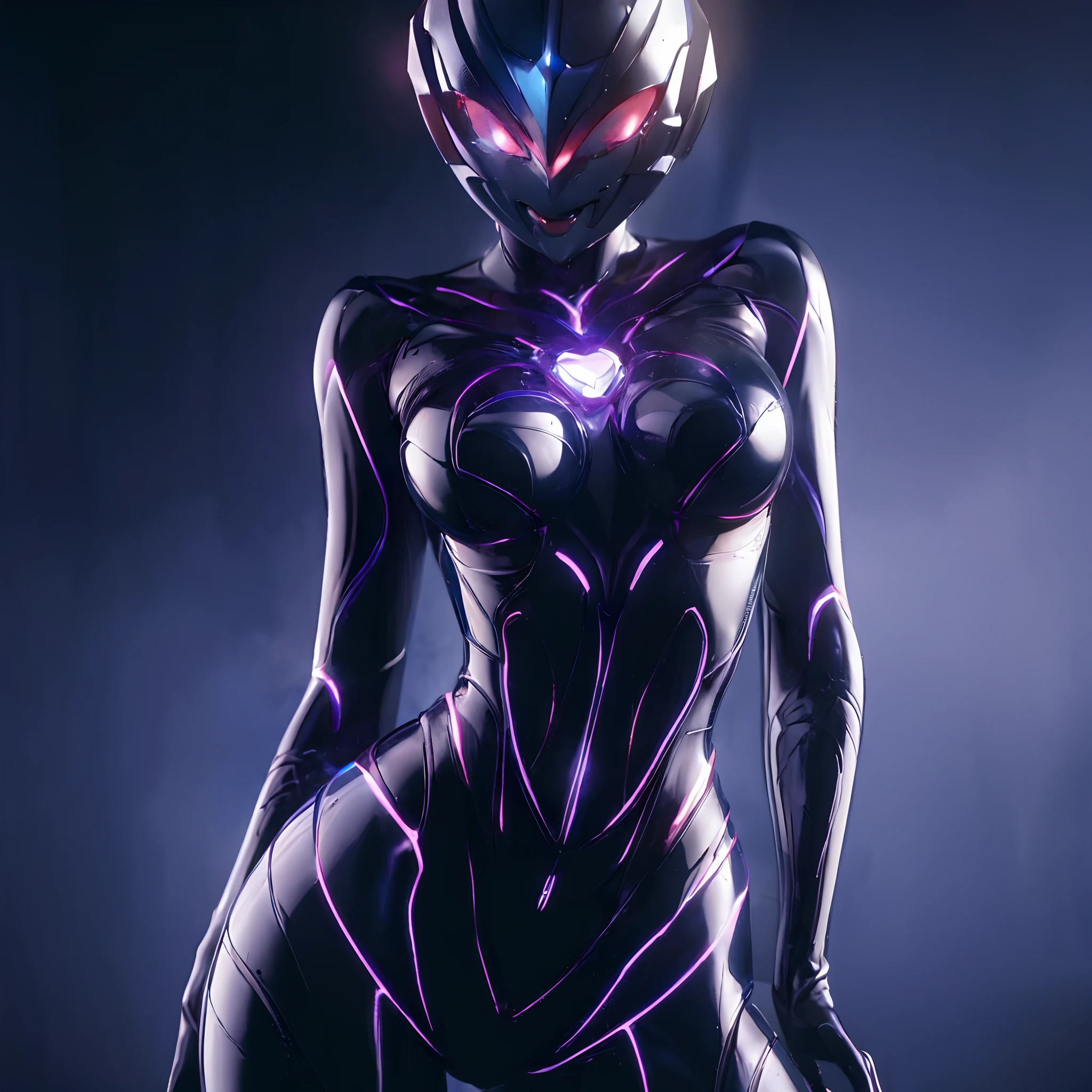 The beautiful figure of Ultraman Woman, Cover his true face with a black mask, Female Solo, Alien eyes shine。The whole body is covered with a black bodysuit, One female protagonist, Pink lines all over the body, Crystal shining on the head。The chest has a radiant core, Dark background,