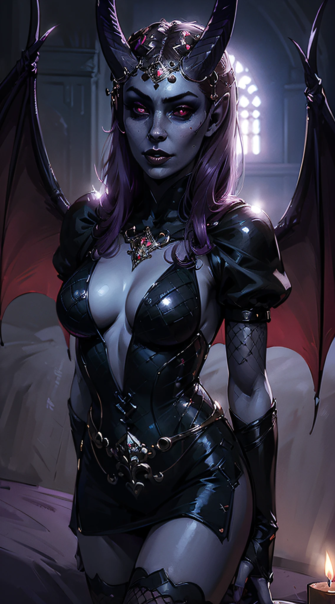 (masterpiece, best quality:1.3), succubus, 1girl, solo, purple skin, red eyes, black sclera, horns, see-through sexy dress, fishnet stockings, night, bedroom, cinematic candle light, very coherent symmetrical artwork, by Range Murata, artgerm, digital illustration, beautiful