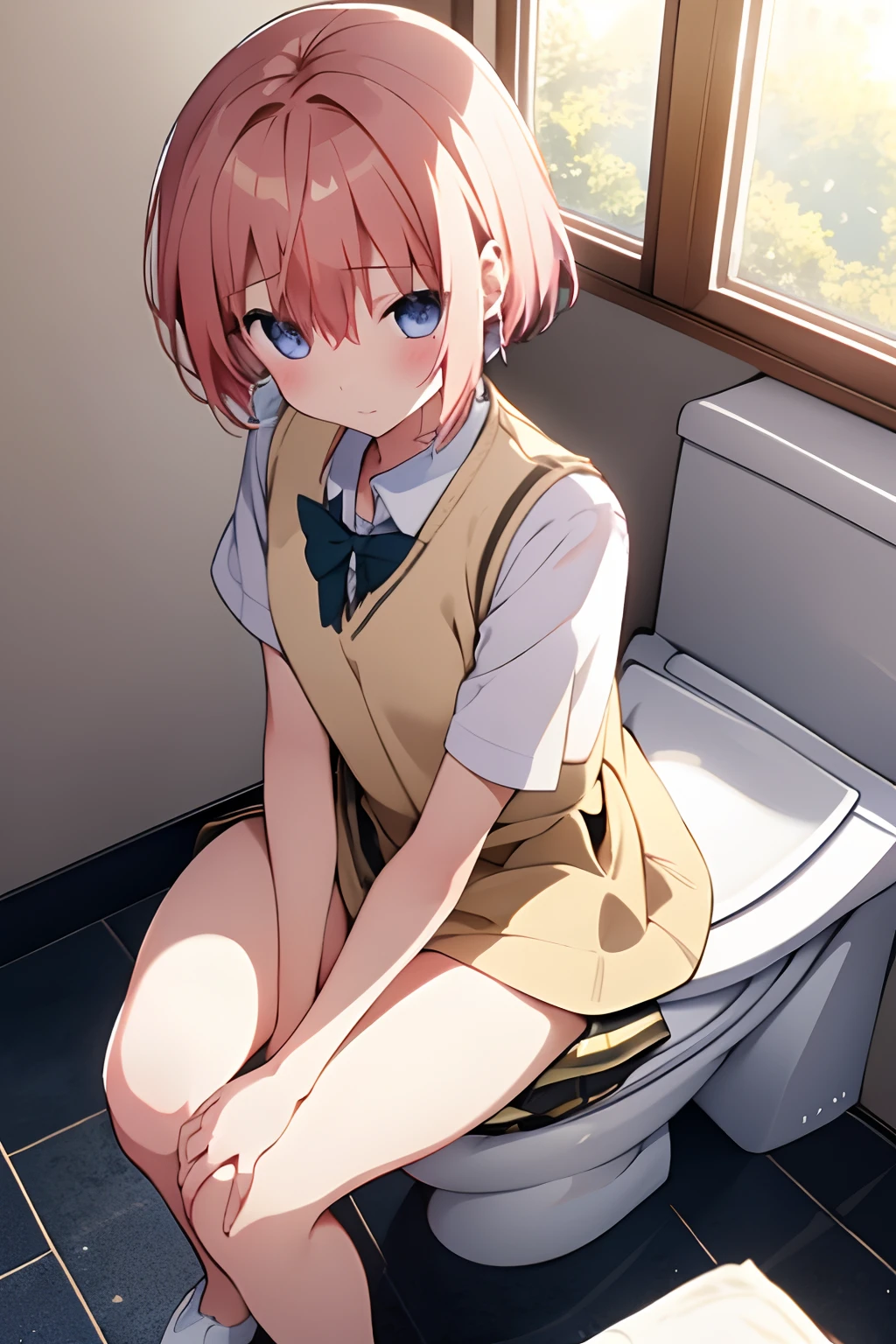 top-quality、8K,{girl1}{1人}Full limbs、complete fingers,short-hair、{ Castles}Sweating,Smaller chest、Toilet in the background、Toilets,(((peeing)))、(embarrassed )、(open your legs)、((((pleasant feeling ))))、