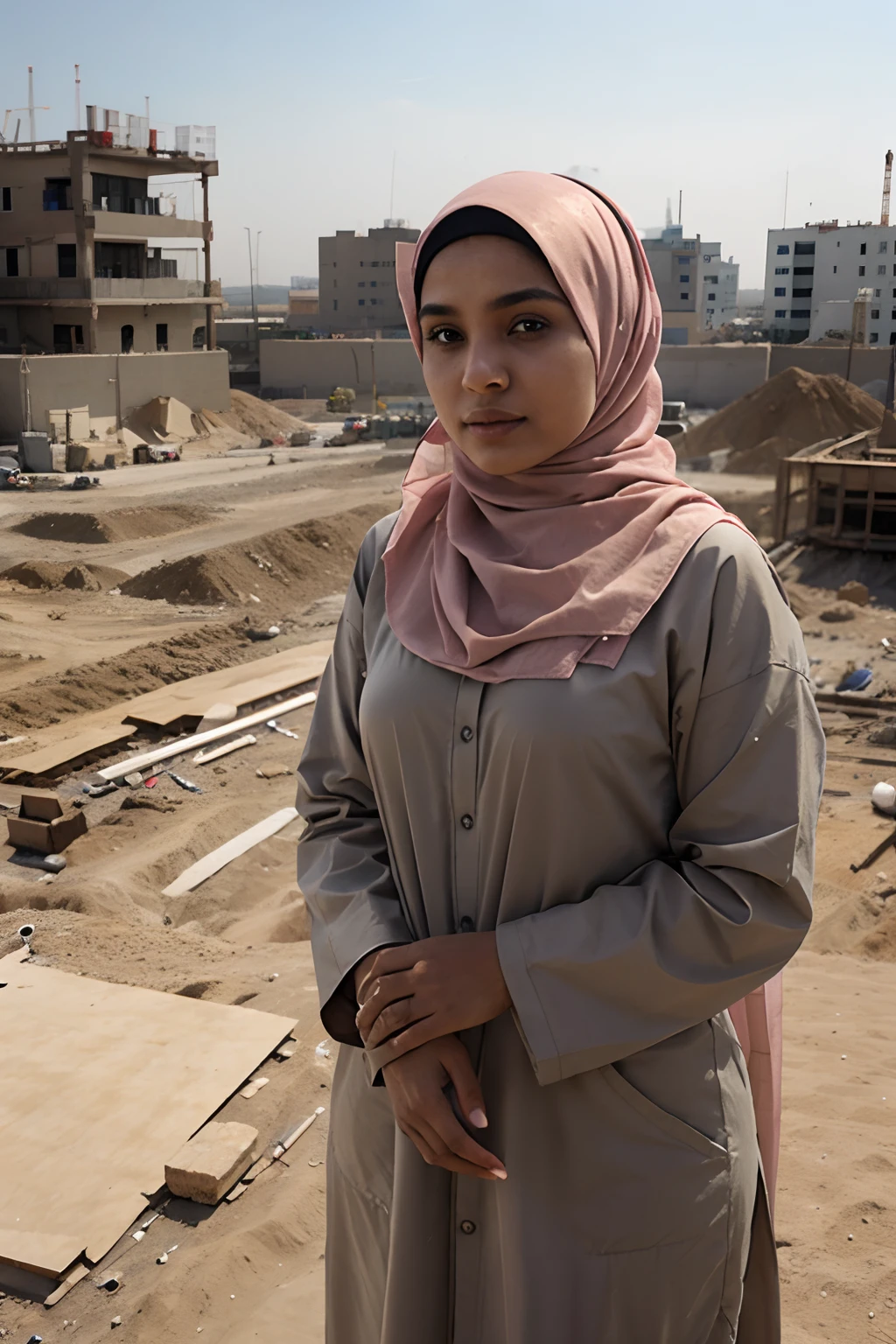 muslim women wear hijab in construction site doing land surveying