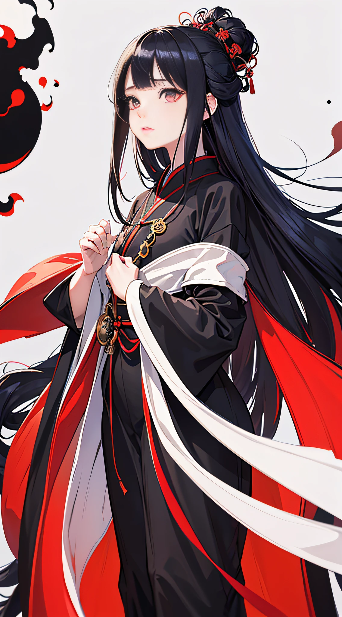 (Original), (masutepiece) , (Best Quality) ,(reality), Photorealistic, Octane Rendering, (Surreal) , Perfect features,1 girl, Colorful,translucent hair, (glowing inner hair),the perfect appearance,Black hair,Long hair,(Black clothes:1.2),Hanfu,Red Lotus,(White background:1.3),(Flat color:1.2),deadpan,(((NSFW)))
