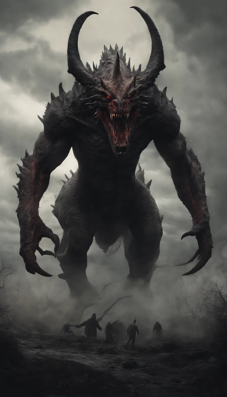 Draw a demonic creature with a strong, bloody face and bloody head, A huge dragon，There are a pair of huge dragon wings growing on their backs，Gigantic body，Huge tail with bone spurs，Science fiction horror art, sci-fi horror artwork, inspired by Aleksi Briclot, Fangs of the slaughter, horror fantasy art, Alexis Bricklot（Alexis Bricklot）, horror concept art, veneno, Fantasy and horror art, Detailed illustration of 4K horror, demonic creature, dark fantasy horror art