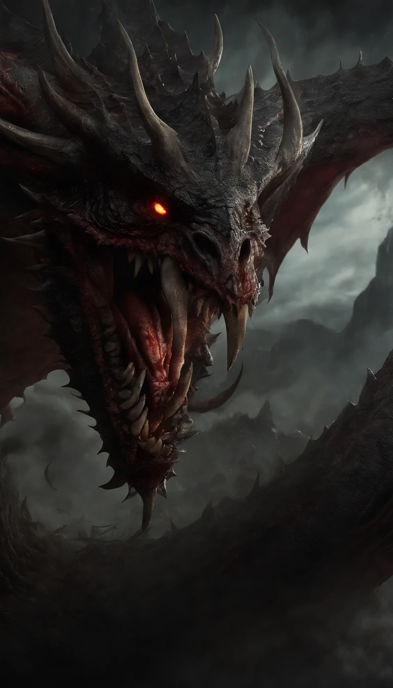 Draw a demonic creature with a strong, bloody face and bloody head, A huge dragon,There are a pair of huge dragon wings growing on their backs,Gigantic body,Huge tail with bone spurs,Science fiction horror art, sci-fi horror artwork, inspired by Aleksi Briclot, Fangs of the slaughter, horror fantasy art, Alexis Bricklot(Alexis Bricklot), horror concept art, veneno, Fantasy and horror art, Detailed illustration of 4K horror, demonic creature, dark fantasy horror art