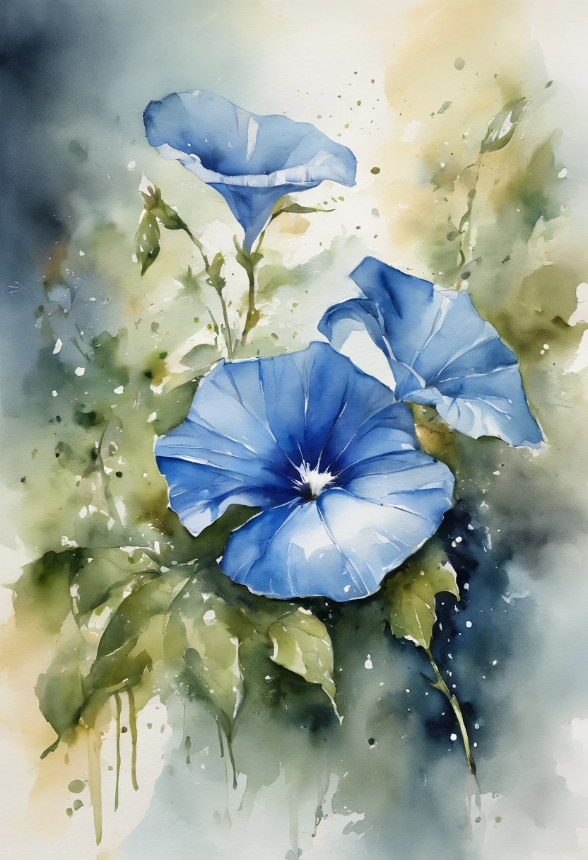 Blue morning glory painting with splash background and spray paint effect, author:Eugeniusz Zak, water color art, author:Caroli Lotz, Watercolor painting, Watercolor painting style, watercolor detailed art, author:xp-tan, watercolor digital painting, watercolor paiting, Beautifully detailed watercolor paintings, water color art, Grzegozh Rutkovsky、Bright lighting、White background