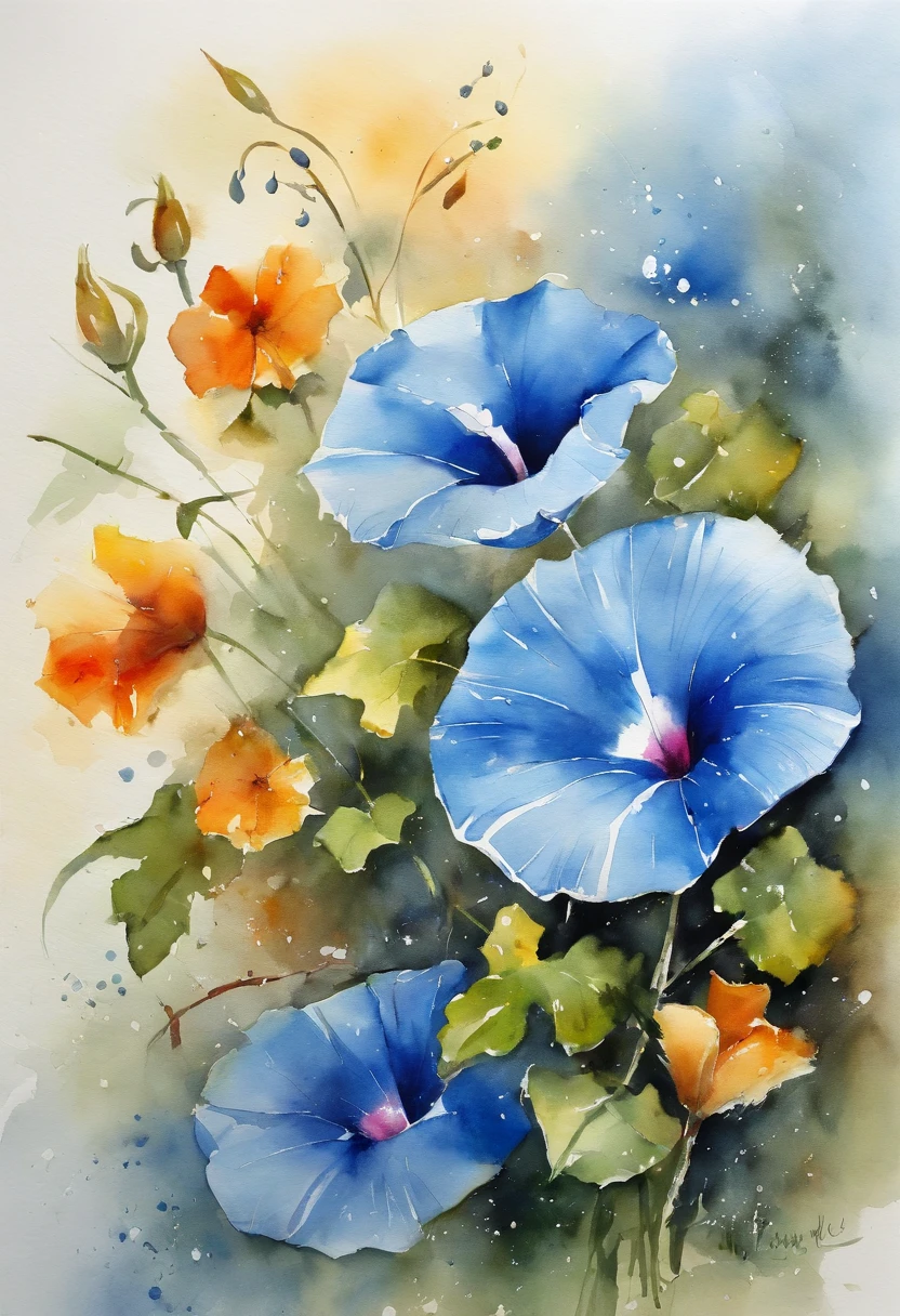 Blue morning glory painting with splash background and spray paint effect, author:Eugeniusz Zak, water color art, author:Caroli Lotz, Watercolor painting, Watercolor painting style, watercolor detailed art, author:xp-tan, watercolor digital painting, watercolor paiting, Beautifully detailed watercolor paintings, water color art, Grzegozh Rutkovsky、Bright lighting、White background