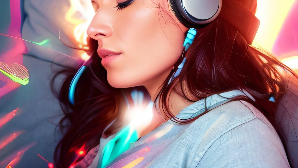 Woman lying on bed with headphones and eyes closed, With headphones, Listen to music at 2 o'clock.m., Listen to music, Girl wearing headphones, Turn on your headphones, Wearing headphones, With headphones, relaxed, headphones, Cinematic feel, Wearing modern headphones, Good music, audio, Vibrate to the music, Enhanced Noise, Uplifting, Cinematic feel, ekaterina