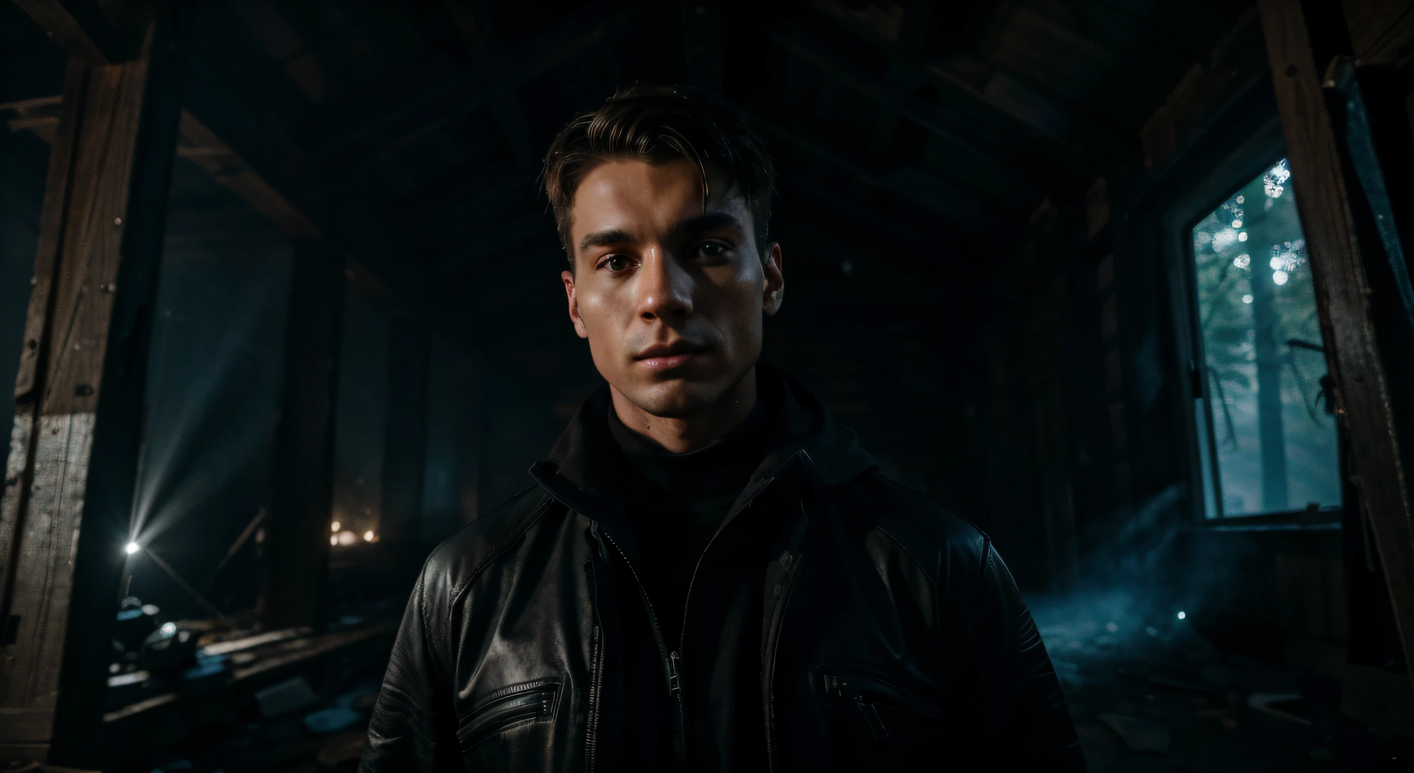 techno king, raver looks, fit guy, good looking, best quality, 8k, beautiful face, model, techno king, in a abandoned cabin in the woods, playing a dark techno set, with fog and a crowd, no blurry eyes