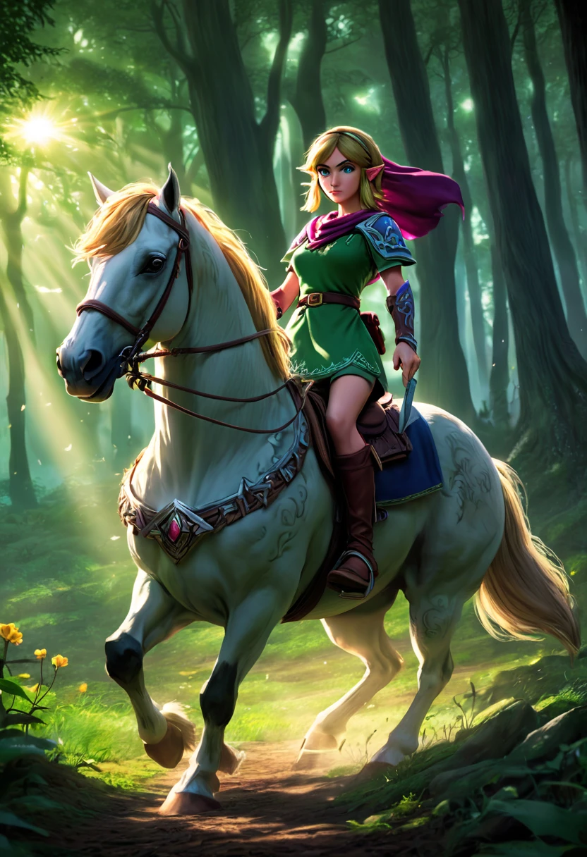 A femenine version of link from tloz riding epona, riding a horse, (epic scene, cinematic:1.2), sunbeams, in a dark woods, lost woods, forest temple, zelda Twilight Princess