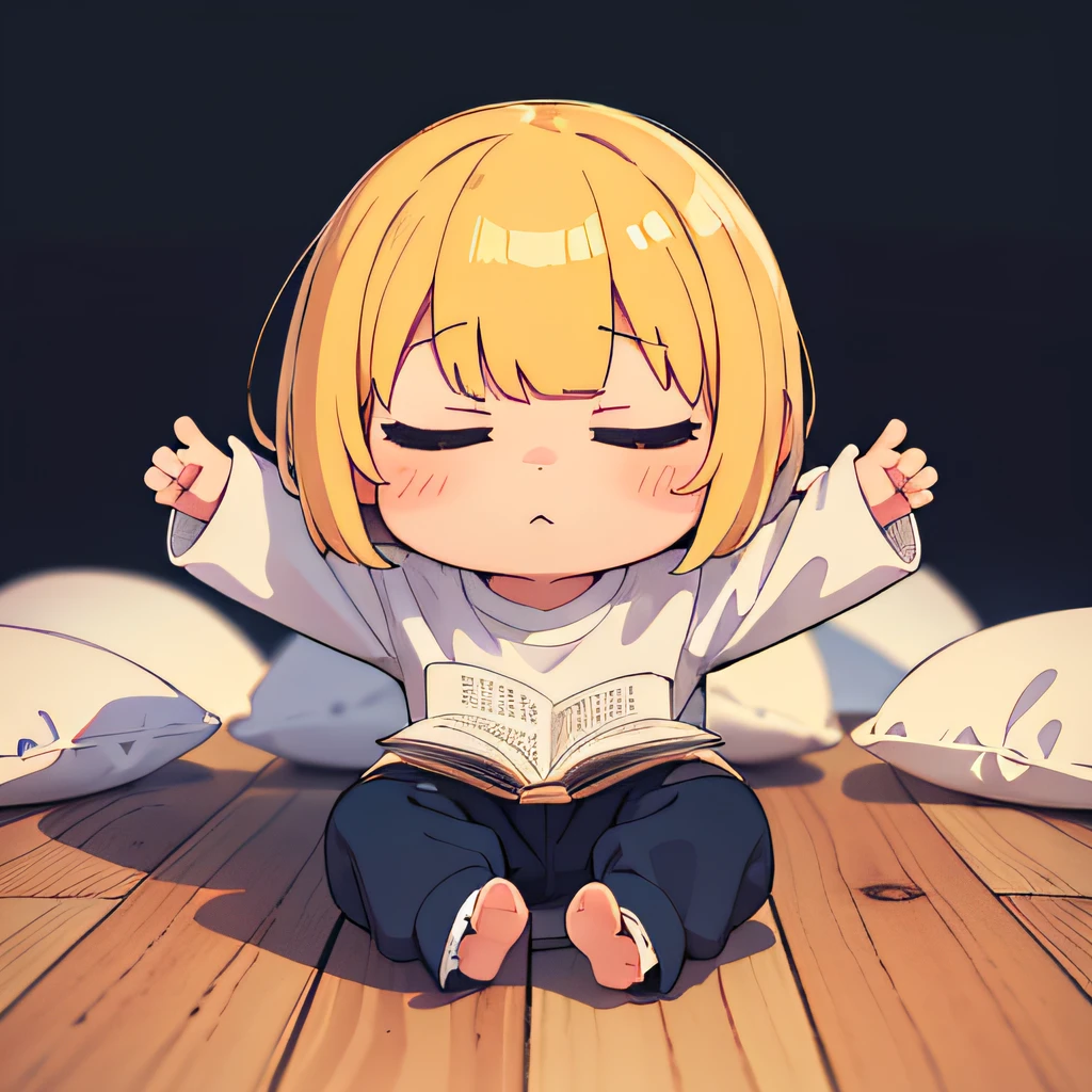 (masutepiece),(Best Quality),(Ultra-detailed), Chibi, Sleepy face, 3D Figures, a blond, bob cuts, Sit down, Background blur, Oversized long sleeves, Oversized pants, sox, Simple flat background