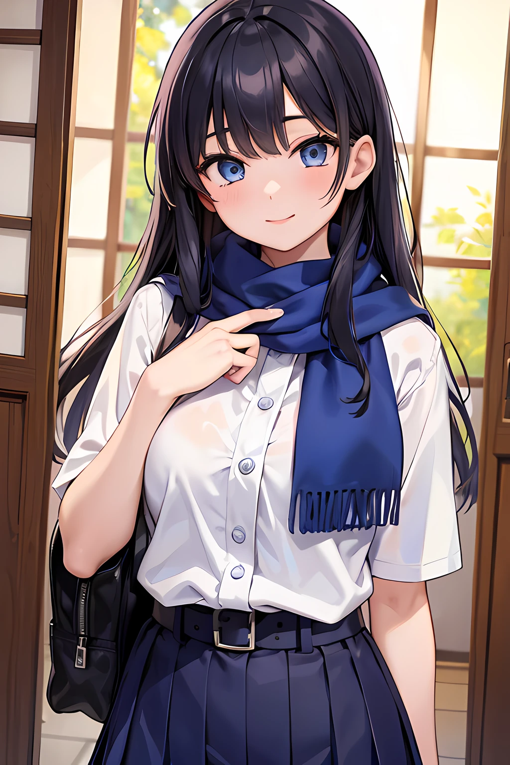 (masterpiece), (ultra high resolution), (extremely intricate), (exquisitely detailed), 1girl, (beautiful gorgeous cute woman), (photorealistic), Long hair, beautiful face, cute smile, nice body, (beautiful blue eyes:1,5), black hair, wearing pink scarf, wearing blue navy blazzer uniform school japanese, wearing white uniform school japanese and blue navy skirt uniform school japanese, wearing black belt, view to camera
