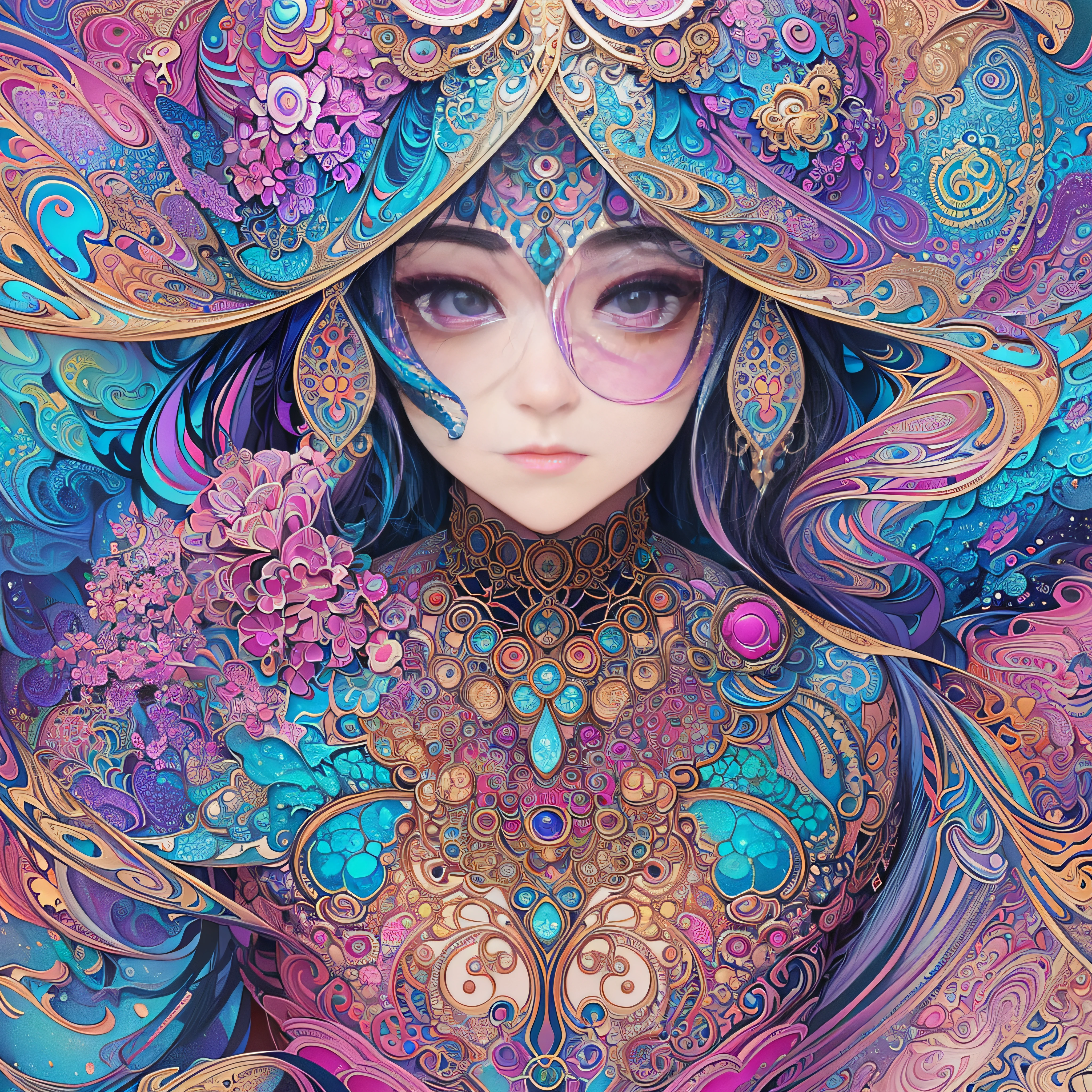 (masterpiece、top-quality、top-quality、Official art、Beautifully Aesthetic:1.2)、Highly detailed fractal art、(colourfull:1.5)、highest details、Zentangle、a closeup、 (1girl in:1.5), 独奏, (dynamicposes), (Abstract background:1.5), (shinny skin),