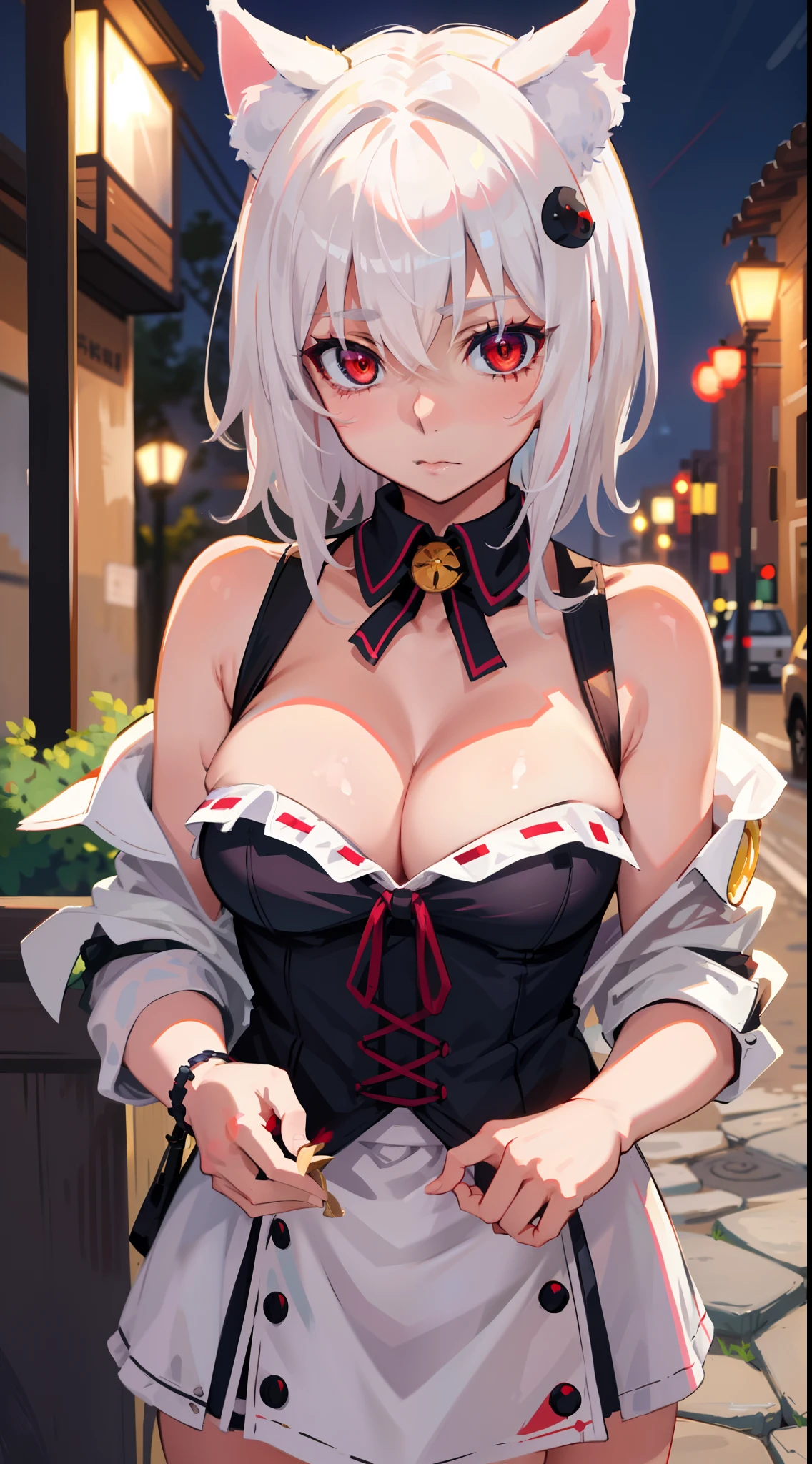 Best Quality, (Masterpiece:1.2), High Detailed, Cat Ears, 1girl, solo, tojo koneko, red eyes, white hair, short hair, hair decoration, cleavage, erotica, sleeveless, close-up, healthy skin, cowboy shot, outdoor, elegant clothes.