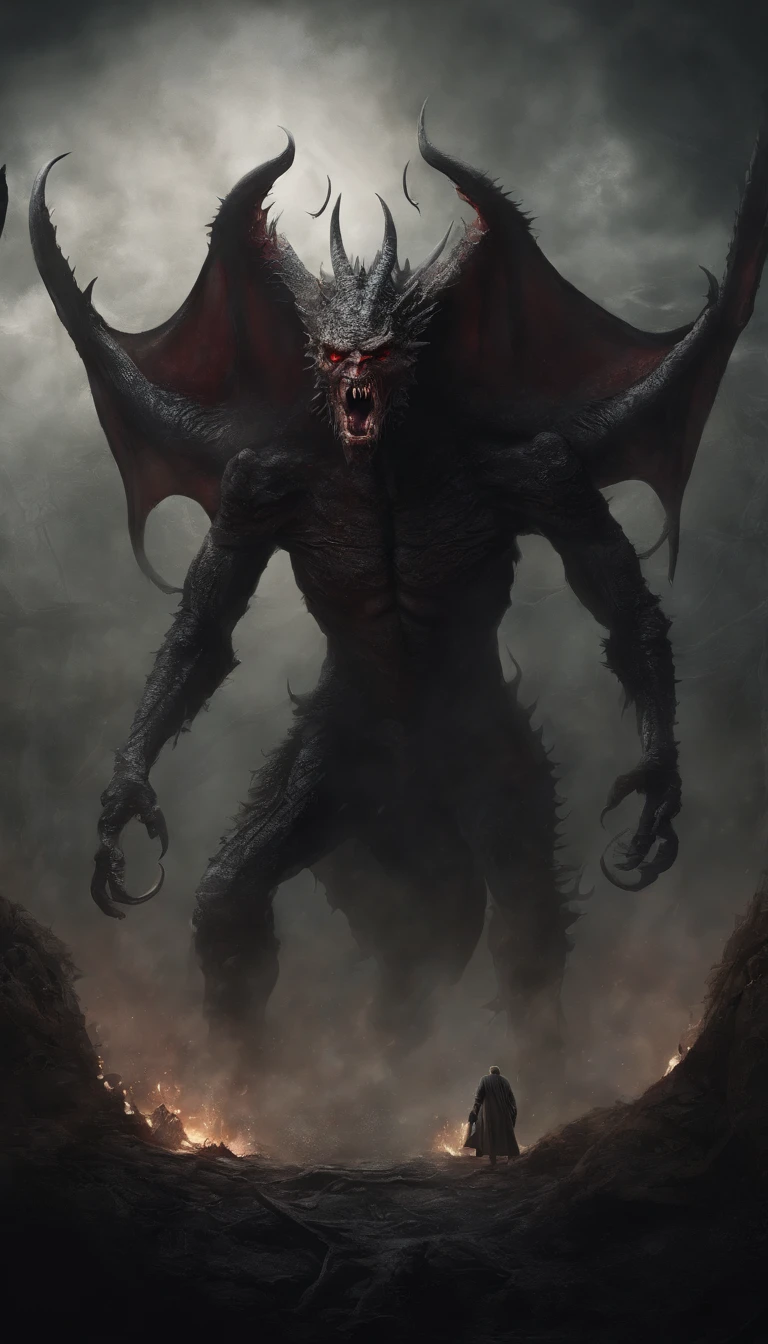 Draw a demonic creature with a strong, bloody face and bloody head, A huge dragon,There are a pair of huge dragon wings growing on their backs,Gigantic body,Huge tail with bone spurs,Science fiction horror art, sci-fi horror artwork, inspired by Aleksi Briclot, Fangs of the slaughter, horror fantasy art, Alexis Bricklot(Alexis Bricklot), horror concept art, veneno, Fantasy and horror art, Detailed illustration of 4K horror, demonic creature, dark fantasy horror art
