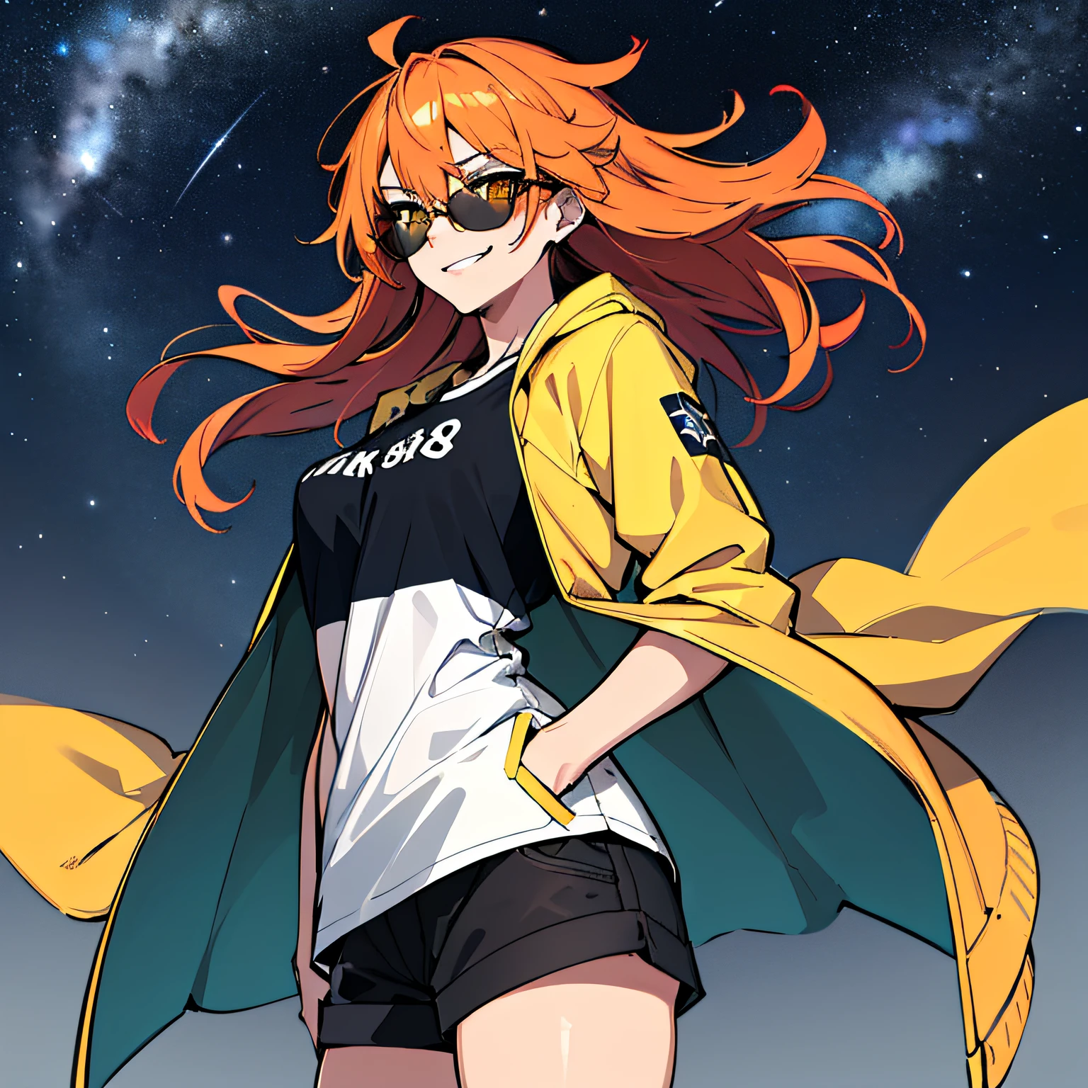 (absurdres, 8k, 4k, masterpiece, hyper extreme detailed:1.2), solo, 1girl, front view portrait, best quality, expressive eyes, perfect face, 1girl, portrait, solo, Female, mature female, adult, red hair, orange gradients, hair covering eye, medium hair, cool, confident, white shorts, wild hair, messy hair, night time, cowboy shot, half body, perfect anatomy, flowing hair, windy hair, wind, fearless, cool, badass, shirt, rugged, golden eyes, starry night sky, stars, night, smirk, badass, heroic, black graphic t-shirt, white jacket, hands in pockets, sunglasses, smirk,