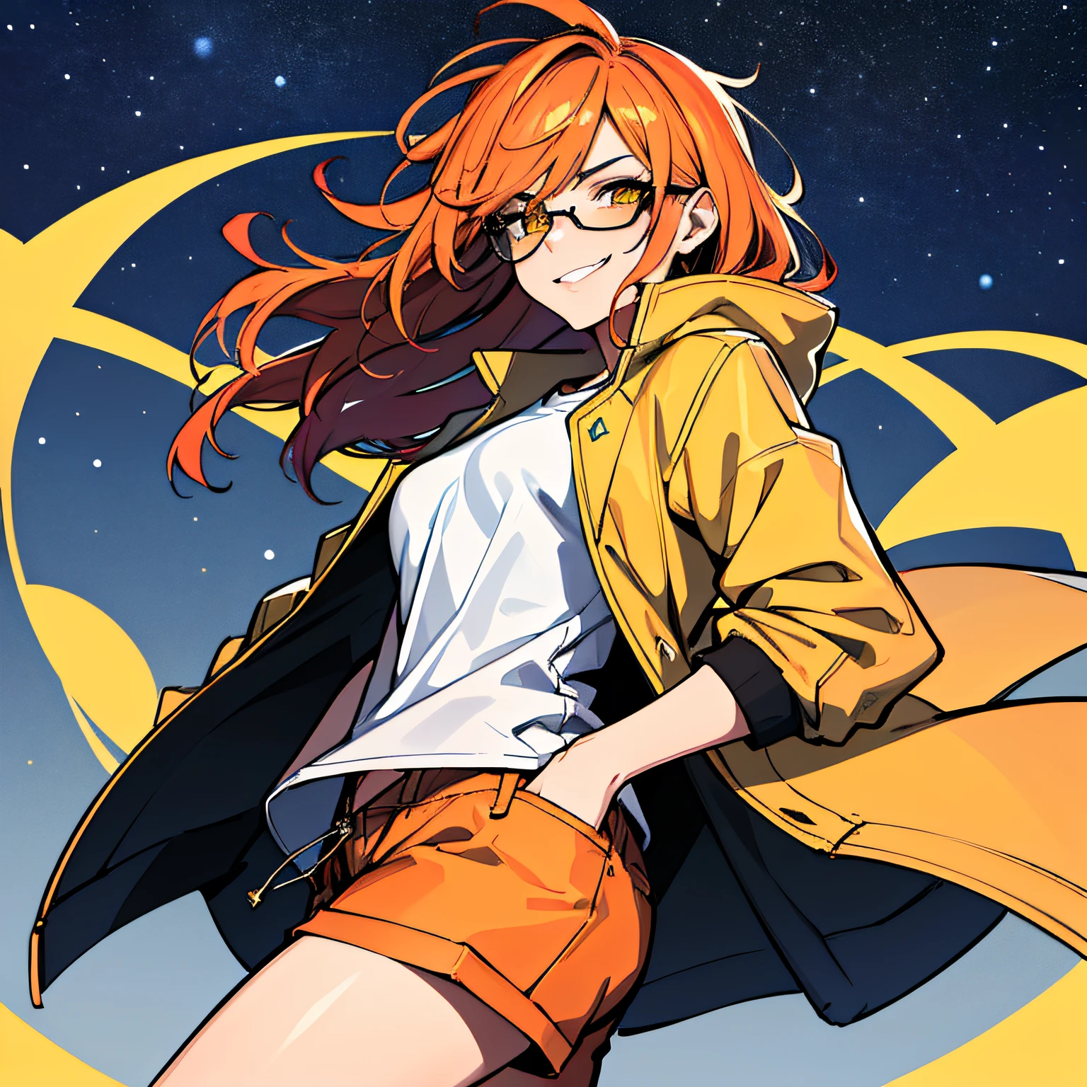 (absurdres, 8k, 4k, masterpiece, hyper extreme detailed:1.2), solo, 1girl, front view portrait, best quality, expressive eyes, perfect face, 1girl, portrait, solo, Female, mature female, adult, red hair, orange gradients, hair covering eye, medium hair, cool, confident, white shorts, wild hair, messy hair, night time, cowboy shot, half body, perfect anatomy, flowing hair, windy hair, wind, fearless, cool, badass, shirt, rugged, golden eyes, starry night sky, stars, night, smirk, badass, heroic, black graphic t-shirt, white jacket, hands in pockets, sunglasses, smirk,