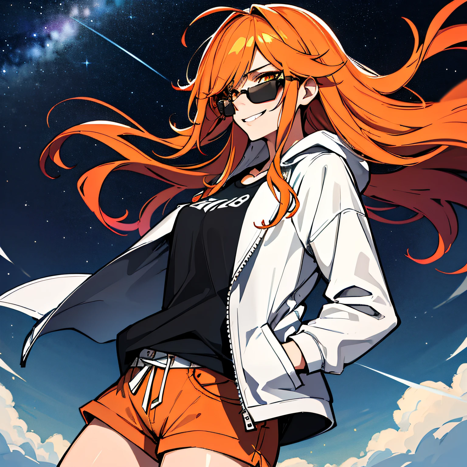 (absurdres, 8k, 4k, masterpiece, hyper extreme detailed:1.2), solo, 1girl, front view portrait, best quality, expressive eyes, perfect face, 1girl, portrait, solo, Female, mature female, adult, red hair, orange gradients, hair covering eye, medium hair, cool, confident, wild hair, messy hair, night time, cowboy shot, half body, perfect anatomy, flowing hair, windy hair, wind, fearless, cool, badass, shirt, rugged, golden eyes, starry night sky, stars, night, smirk, badass, heroic, sunglasses, smirk, orange swimwear, bikini,