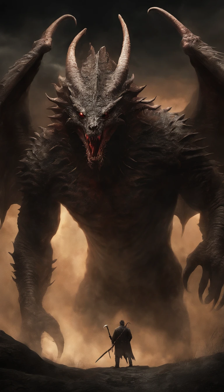 Draw a demonic creature with a strong, bloody face and bloody head, A huge dragon,There are a pair of huge dragon wings growing on their backs,Gigantic body,Huge tail with bone spurs,Science fiction horror art, sci-fi horror artwork, inspired by Aleksi Briclot, Fangs of the slaughter, horror fantasy art, Alexis Bricklot(Alexis Bricklot), horror concept art, veneno, Fantasy and horror art, Detailed illustration of 4K horror, demonic creature, dark fantasy horror art