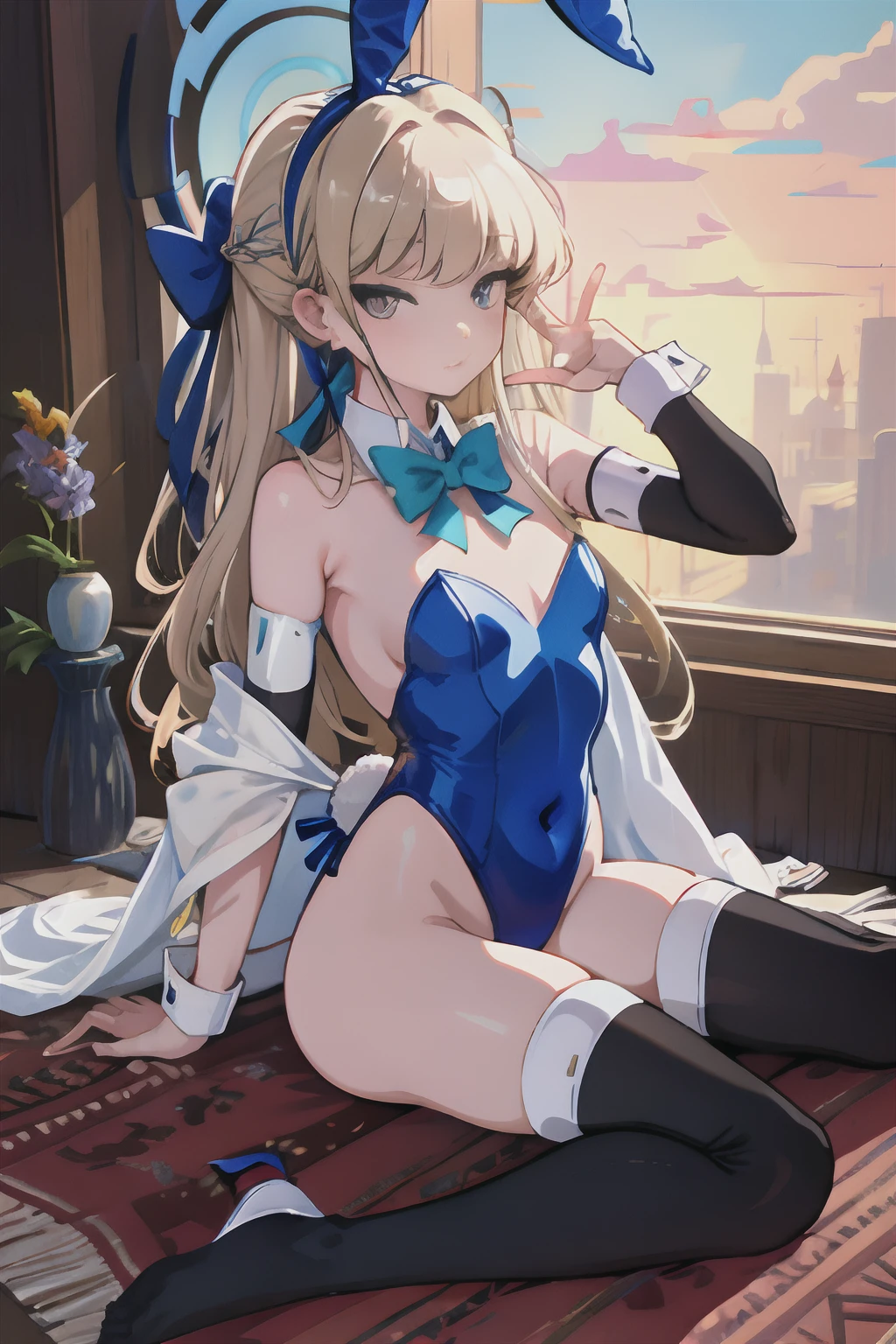 wariza，Curtsey，child，（​masterpiece，Highest Quality），(Traditional costumes)，Sleepy face，Round eyes，A dark-haired，Semi-long bob，bare-legged、(((NSFW))),Toki Bunny, Playboy Bunny, Long hair, Fake animal ears, Blue leotard, Blue Bow
Toki Leotard, Maid headdress, Leotard, elbow groves, Fingerless gloves
Tkilund