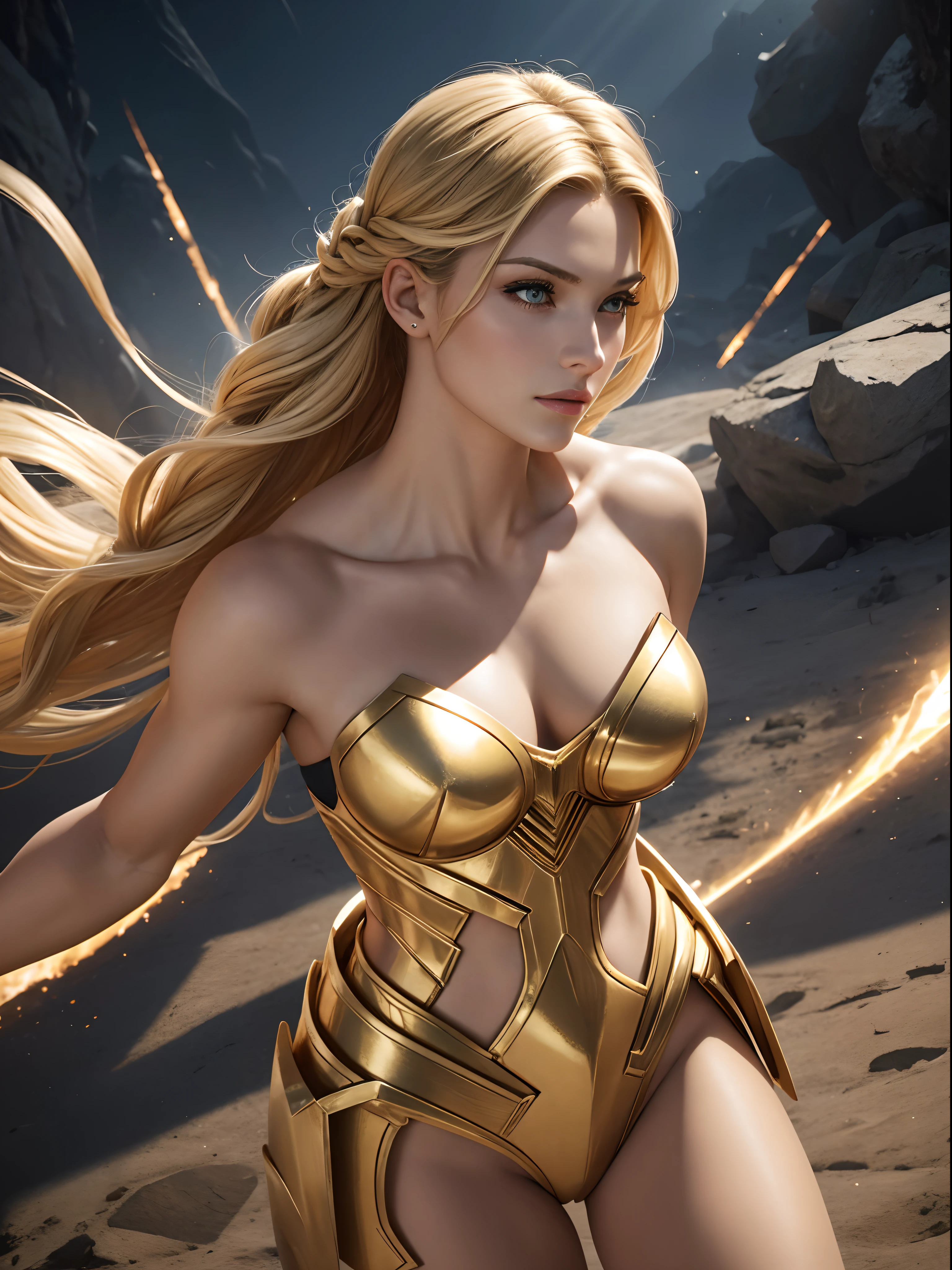 Bella Blondinskaya, bombshell blond, 30 anos, flying Goddess, longos cabelos loiros, braided hair, olhos azuis, look at camera, HIGH CHEEKBONES, heaven, Curvilinear athletic body, breasts, busto, Muscles, ombros largos, detalhes intrincados, imagem altamente detalhada, heaven, luz solar, contra - luz, armadura de ouro, DIVA, super heroine, strapless armour, , Choque de Ouro, perspectiva frontal