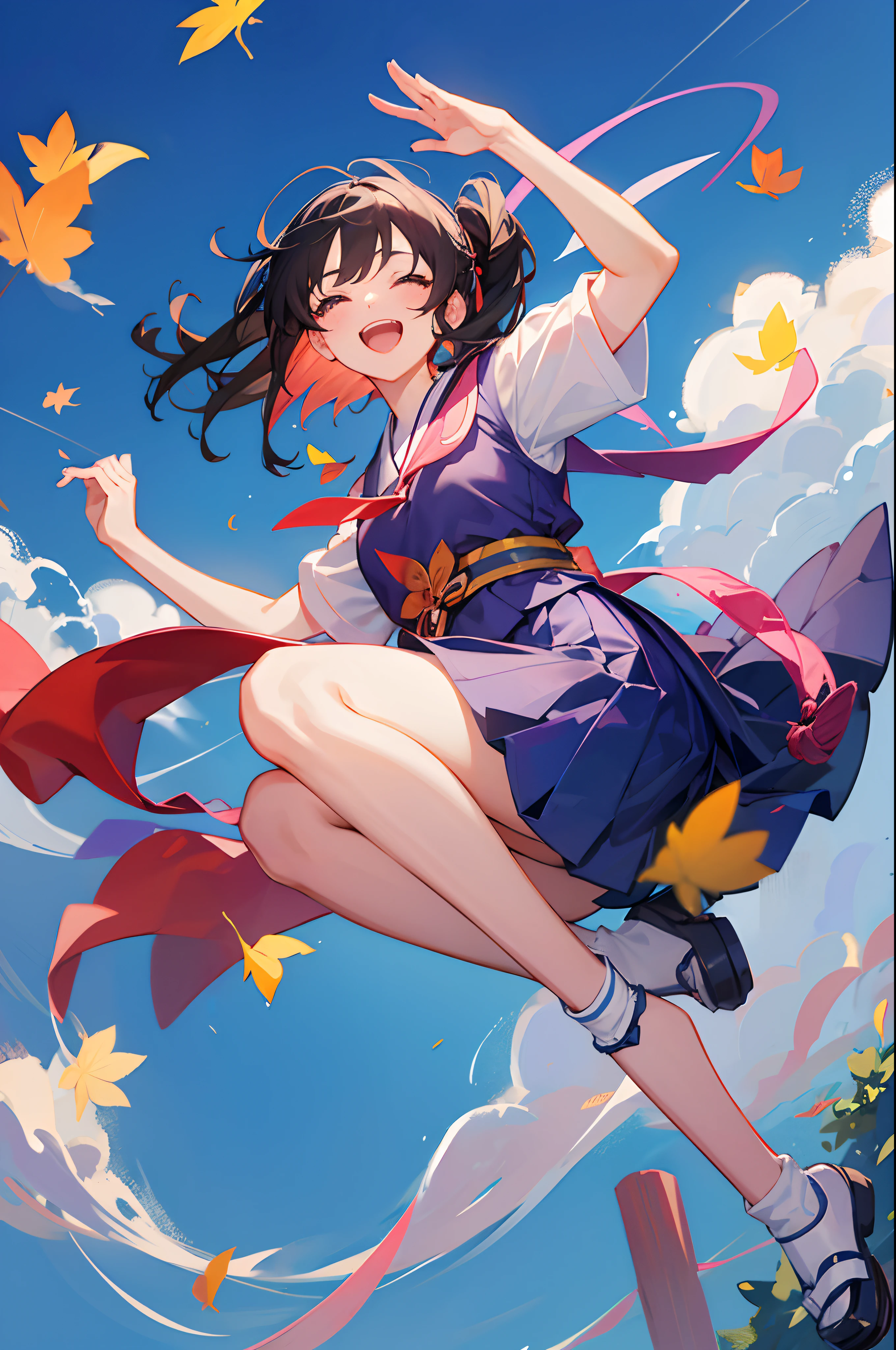 baiyun,Japanese JK school uniform,A girl who jumps into the sky and falls,fall,Laughing,eye closeds,Raise your hands upwards。