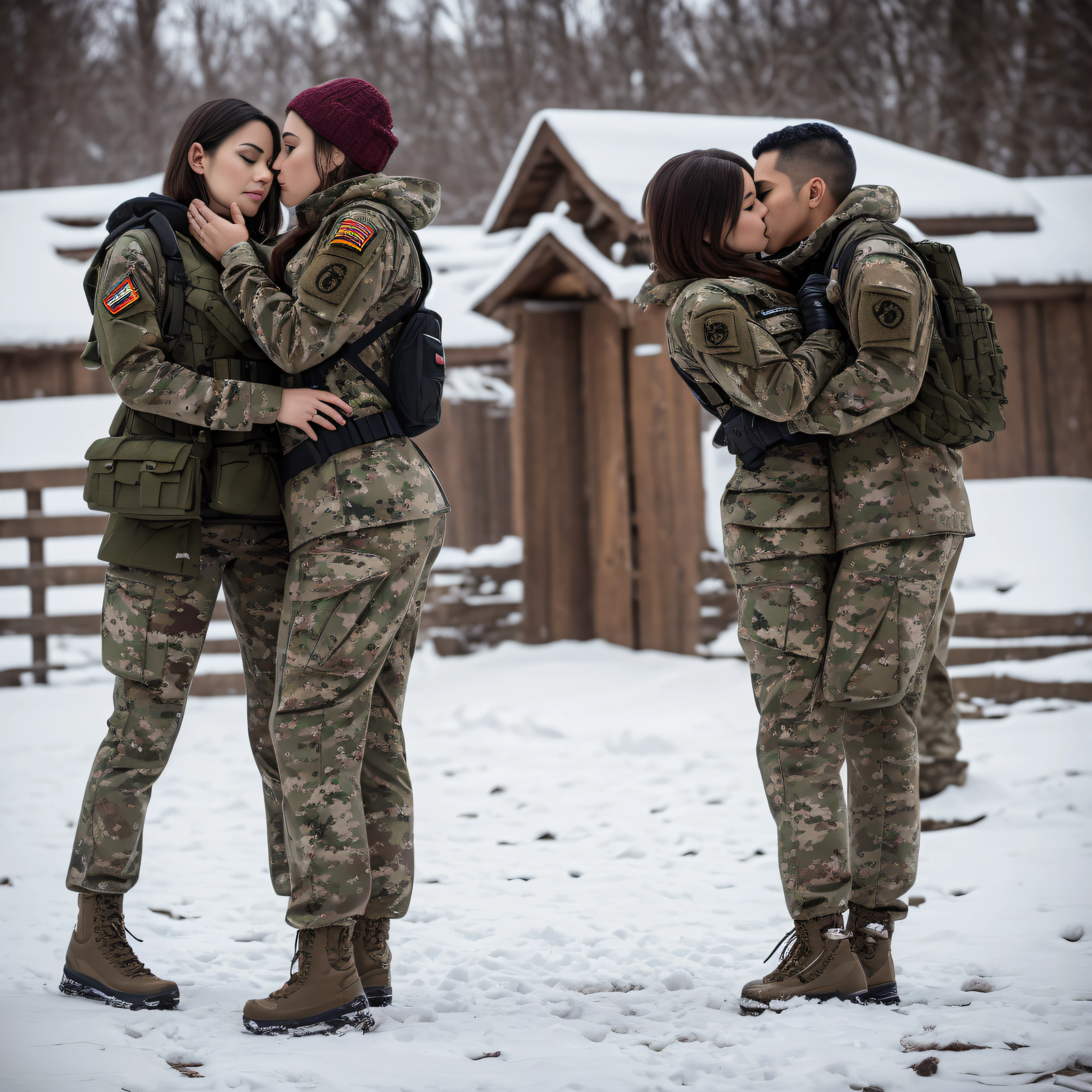 (Photorealistic), Beautiful lighting, Best Quality, Realistic, Full body portrait, real picture, Intricate details, depth of fields, 2girsl hugging kissing hands on the other's crotch hand on ass hand on boob, In a cold blizzard, Very muscular soldier girls with a haircut, Fatigue of the army wearing winter camouflage, Camouflage Plate Carrier Rig, Combat gloves, (Magazine Pouch), (Kneepads), highly detailed, Perfect face, Brown eyes, Lips, wide hips, Small waist, tall, make up, Tactic, FUJI XT3, Outdoors, bright day, Beautiful lighting, Raw photo, 8K UHD, Film grain, ((Bokeh))