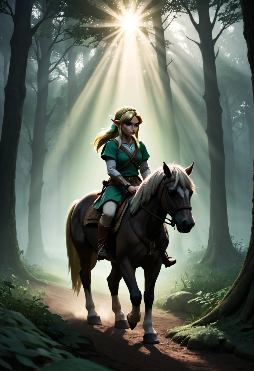 A femenine version of link from tloz riding epona, riding a horse, (epic scene, cinematic:1.2), sunbeams, in a dark woods, lost woods, temple of the forest