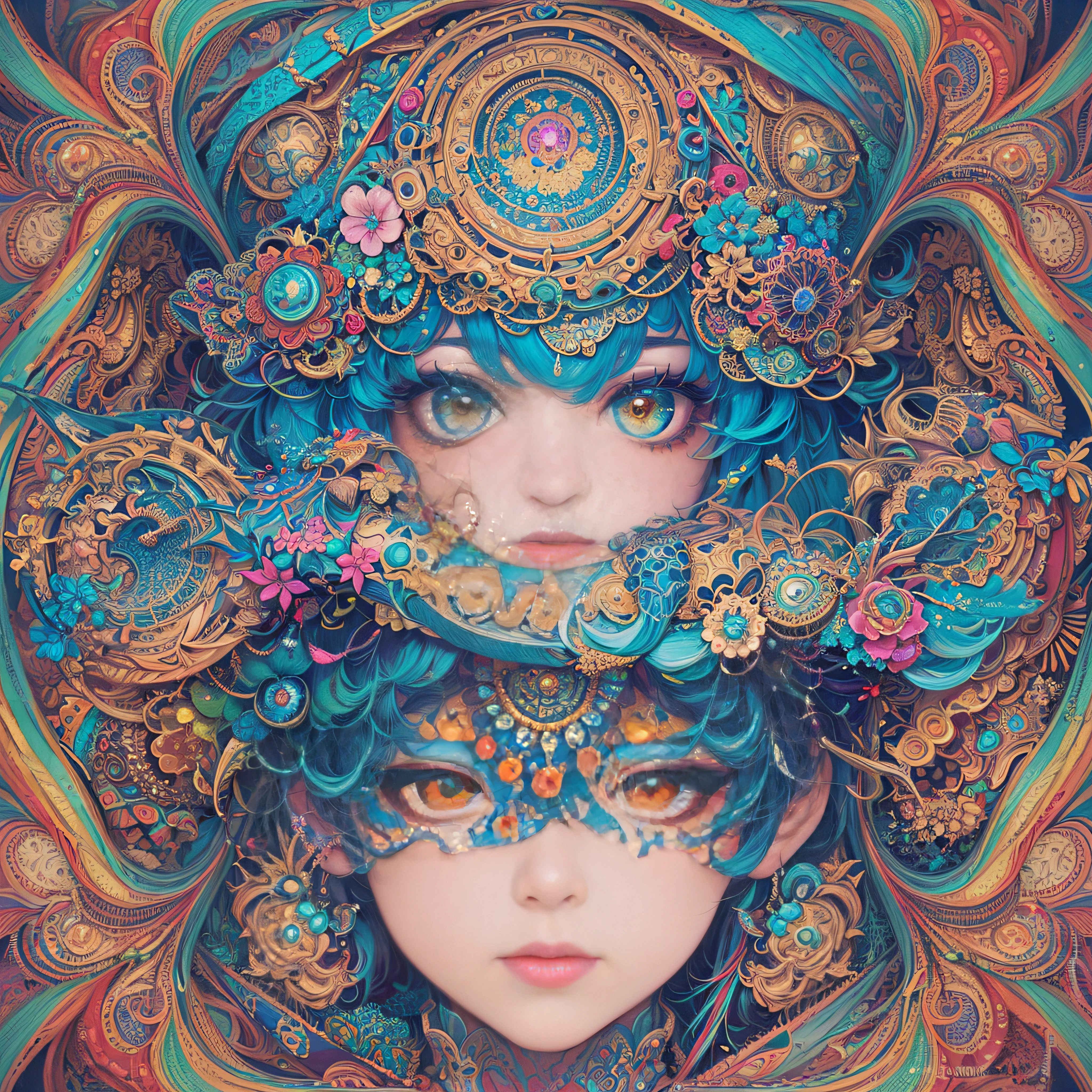 (​masterpiece、top-quality、top-quality、Official art、Beautifully Aesthetic:1.2)、Highly detailed fractal art、(colourfull:1.5)、highest details、Zentangle、a closeup、 (1girl in:1.5), 独奏, (dynamicposes), (Abstract background:1.5), (shinny skin),