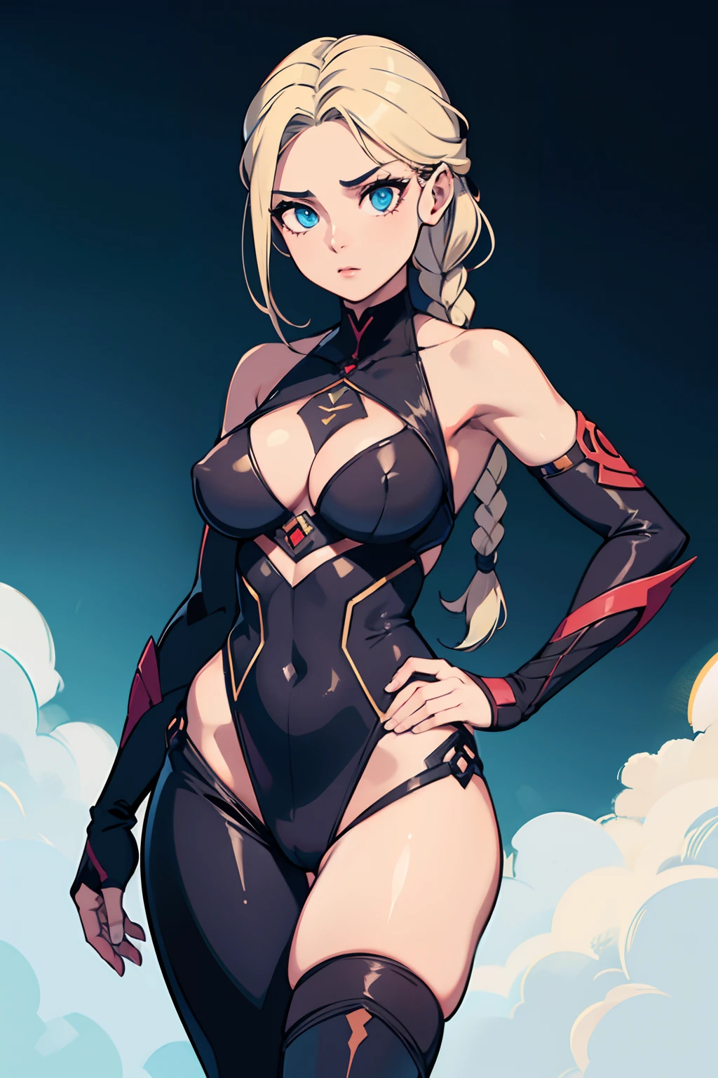 , 1girl, Video game character, cintura perfeita, gargantilhas, dragon tattoo on right arm, rosto bonito, olhos detalhados, corpo perfeito, coxas grossas, bunda grande, seios enormes, hair with braids, posando pra foto, hands on thigh, olhando para o vizualizador, anatomicamente corrigido, foco na bunda, vizualizador baixo, olhos detalhados, Standing Split, hand in , cabelos loiros