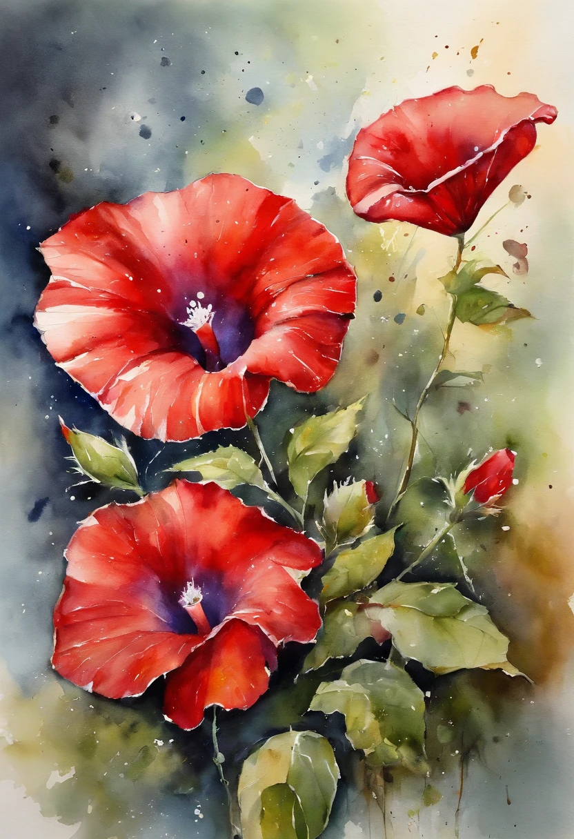 Red morning glory painting with splash background and spray paint effect, author：Eugeniusz Zak, water color art, author：Caroli Lotz, Watercolor painting, Watercolor painting style, watercolor detailed art, author：xp-tan, watercolor digital painting, aquarelle, Superb and detailed watercolor paintings, water color art, Grzegozh Rutkovsky