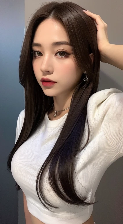 (Genuine, High resolution:1.3), One girl with perfect body, Very beautiful face and eyes,Long Hair, Random Collar Shirt:1.2, Short jeans,